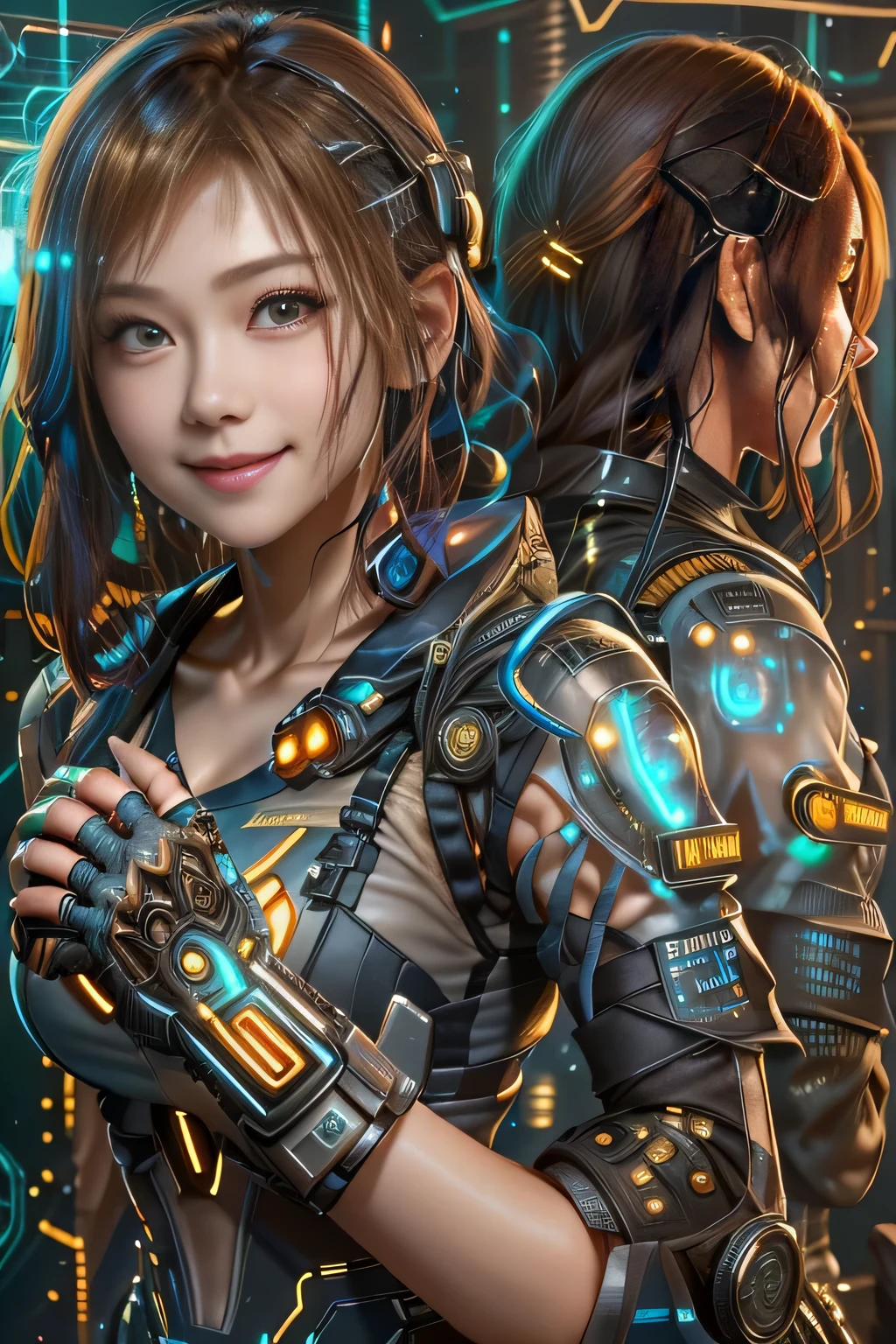 Glowing cyber girl with cybernetic arm,(See-through costume:1.3, )Stand on the post-apocalyptic battlefield.Surrounded by a network of wires. surrounded by circuits. (Cyber girl with a submachine gun:1.3), Shiny light brown and orange striped short hair,Cute Smile,Perfect round face,A bright smile that makes everyone happy,Proper body balance,Tabletop,Ultra-high quality output images,High resolution,Intricate details,Very delicate and beautiful hair,Photorealistic,dream-like,Professional Lighting,Realistic Shadows,Focus Only,Beautiful Hands,Beautiful fingers,Detailed characteristics of the fingers,Detailed garment features,Detailed hair features,Detailed facial features,