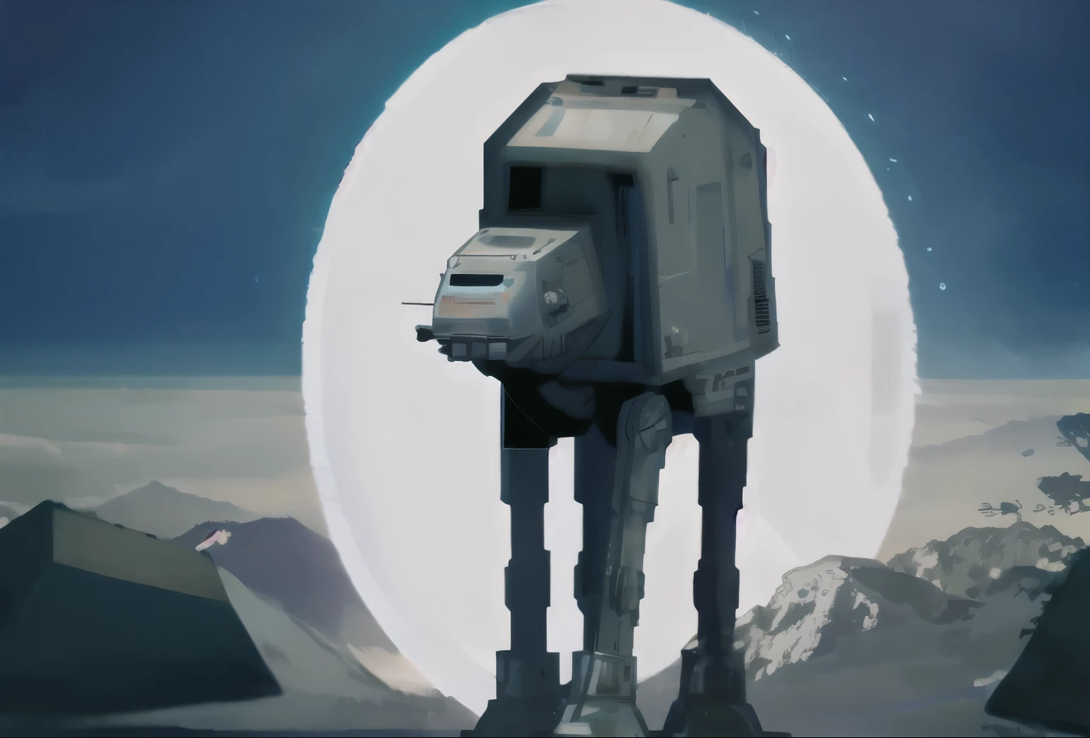 analog gloomy photo of a Star Wars (AT-AT robot, ), 