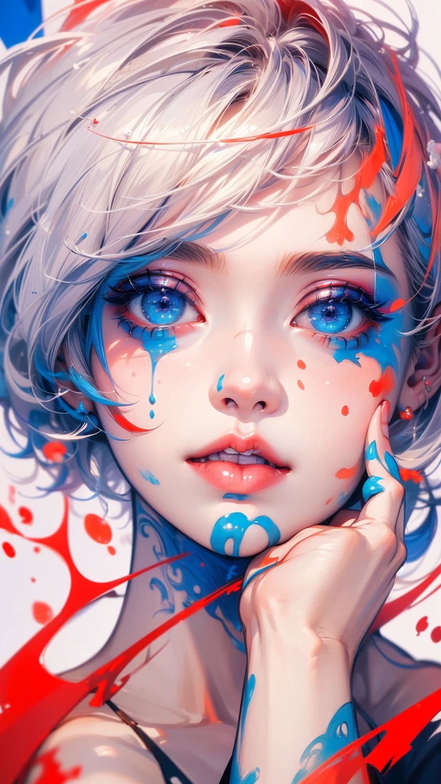 ((masterpiece, High resolution, highest quality, Attention to detail)), 20-year-old woman with avant-garde makeup, short hair, Off the shoulder, Vermilion and blue distortion, abstract design, artistic juxtapositions, High contrast, Anime Style, Simple lines, Digital Painting,
