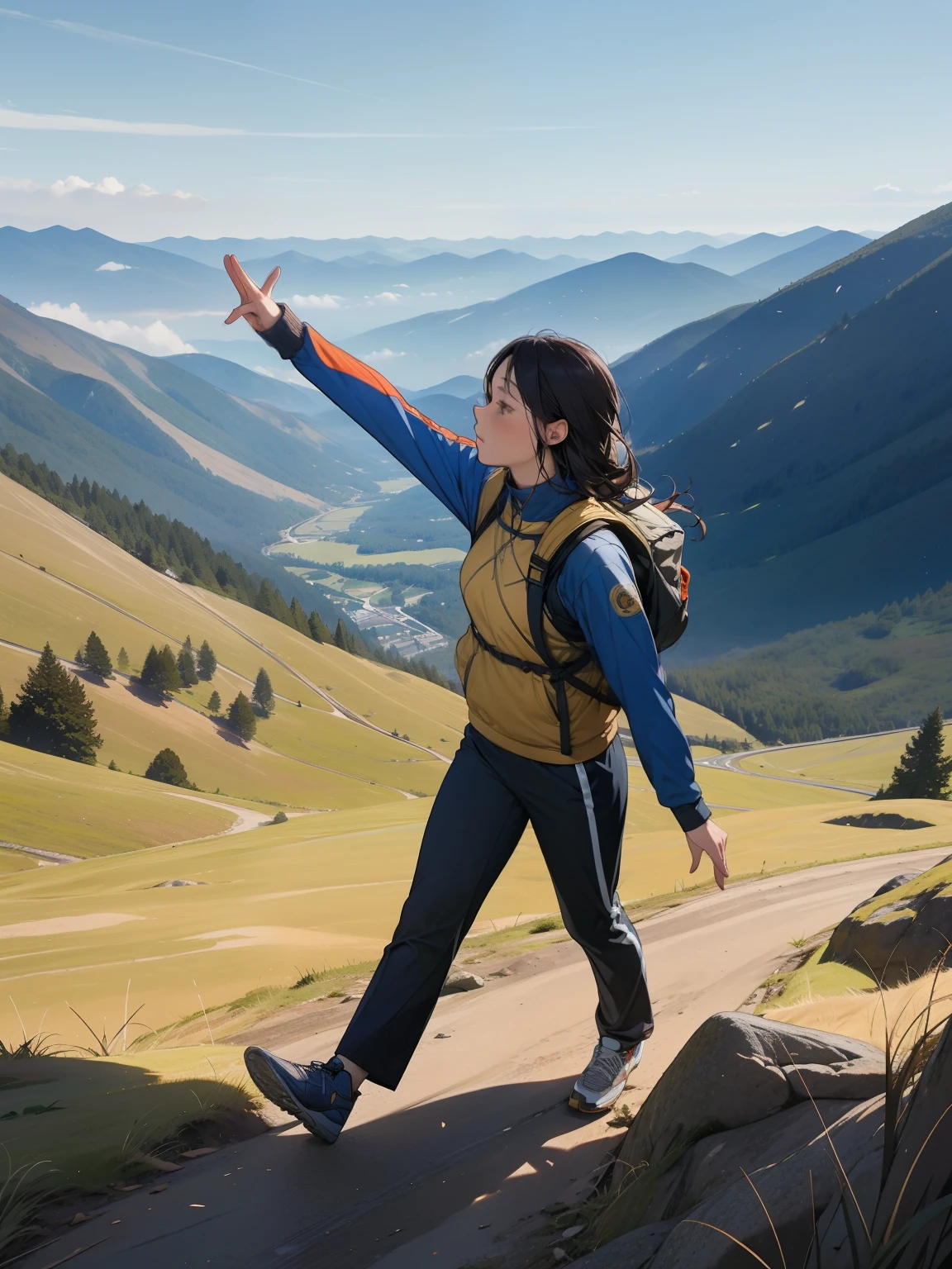 (highest quality, masterpiece:1.2), Very detailed, Realistic:1.37, 8k, High resolution, Very detailed背景, Majestic Mountain々Silhouette of a girl climbing a hill leading to, (Climber-style sportswear with long sleeves and pants), A person reaching out under the shining sun from a mountaintop, Beautiful scenery decorated with earth tones, A hopeful view, Expressions that evoke tender feelings in the viewer, Minimize depictions of people、Prioritize the scenery.