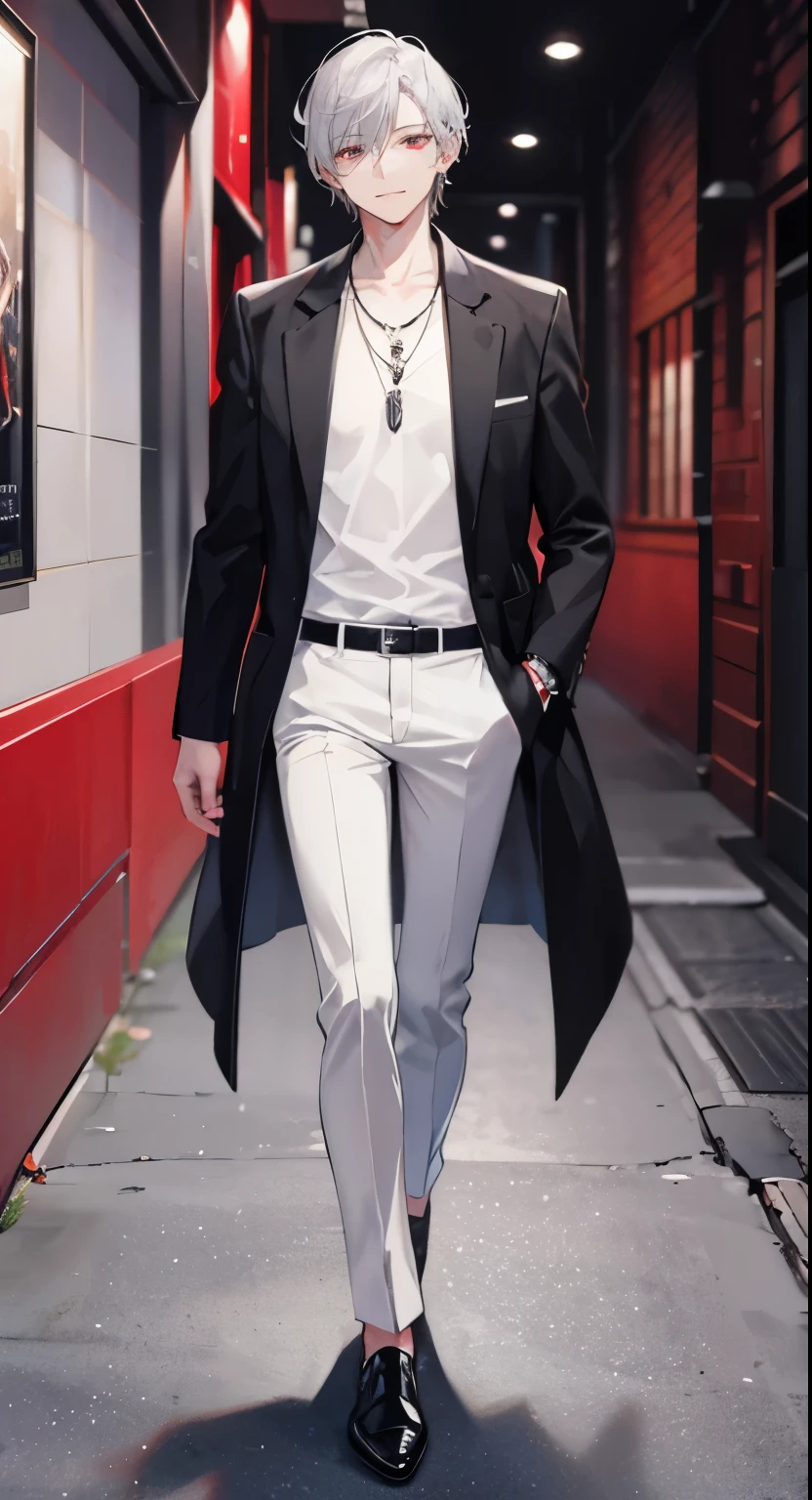 High resolution, 2D Anime Style,,Cool guy,Mature look,,20th Generation,Short Hair,Silver Hair,Red eyes,Beautiful watch,Beautiful earrings,beautiful necklace,Dark Fashion,He is smiling a little,whole body,walking