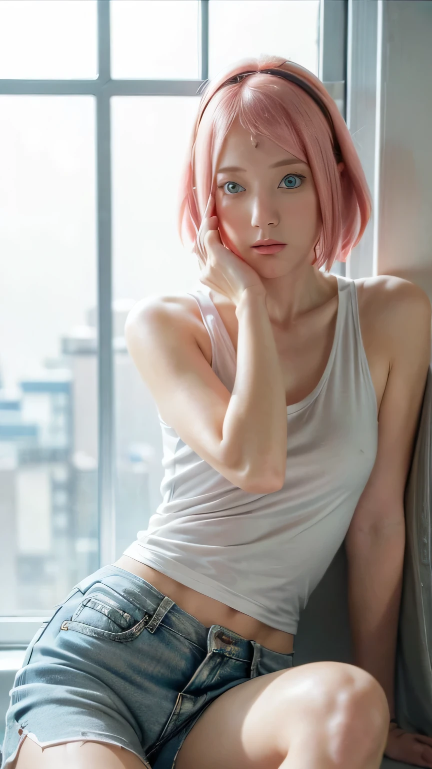 masterpiece, ,(solo:1.1), perfect face, (bright lighting:1.2),beautiful detailed eyes, extremely detailed face, perfect lighting,masterpiece, best quality, 1girl,haruno sakura, sexy pose, short pants, white tanktop