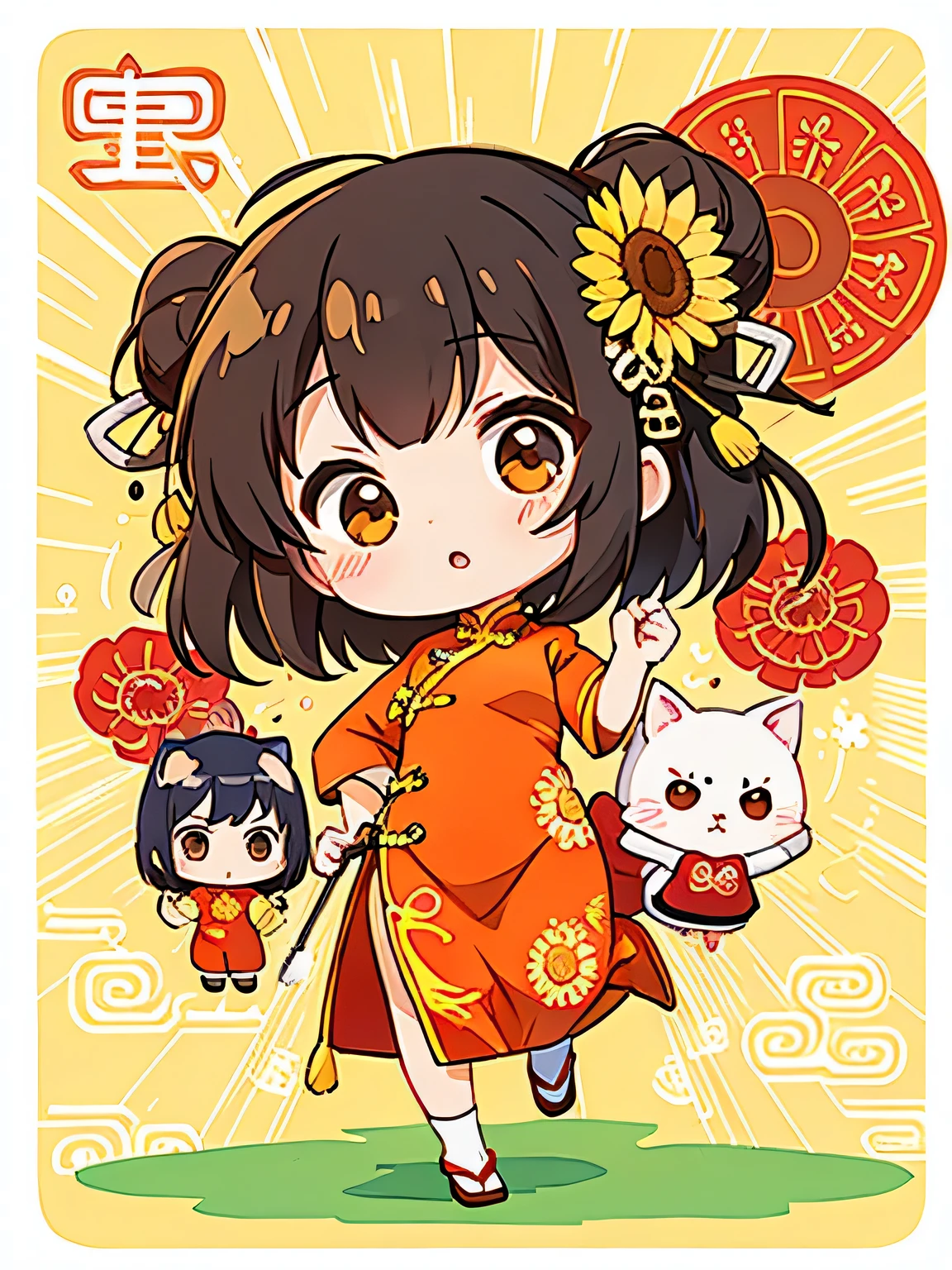 Machiko Satonaka style, Kawaii Design, most beautiful girl ever、Chibi, (((Lots of friends)))、sunflower、Chinese Style Hair、(((China dress)))