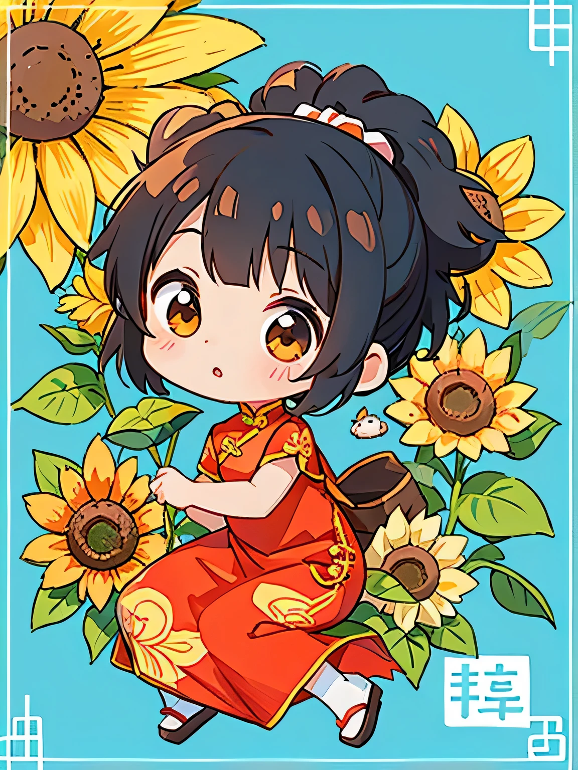 Machiko Satonaka style, Kawaii Design, most beautiful girl ever、Chibi, (((Lots of friends)))、sunflower、Chinese Style Hair、(((China dress)))
