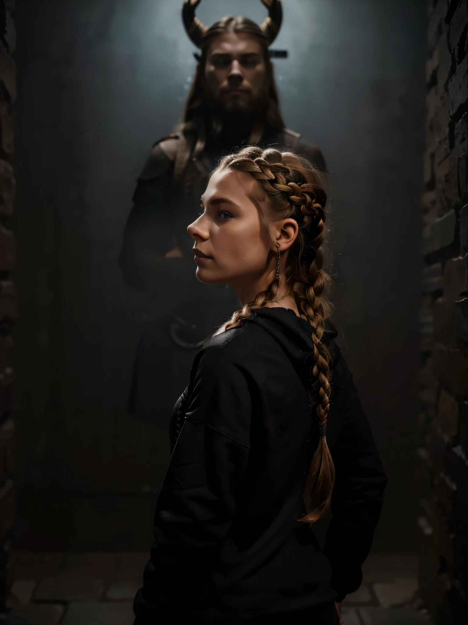 (((portrait from the backside))), skinny woman, 22yo, nordic look, ((viking braid)), (black hoody with the head of thor), black wall in background, mystic dark atmosphere, little light