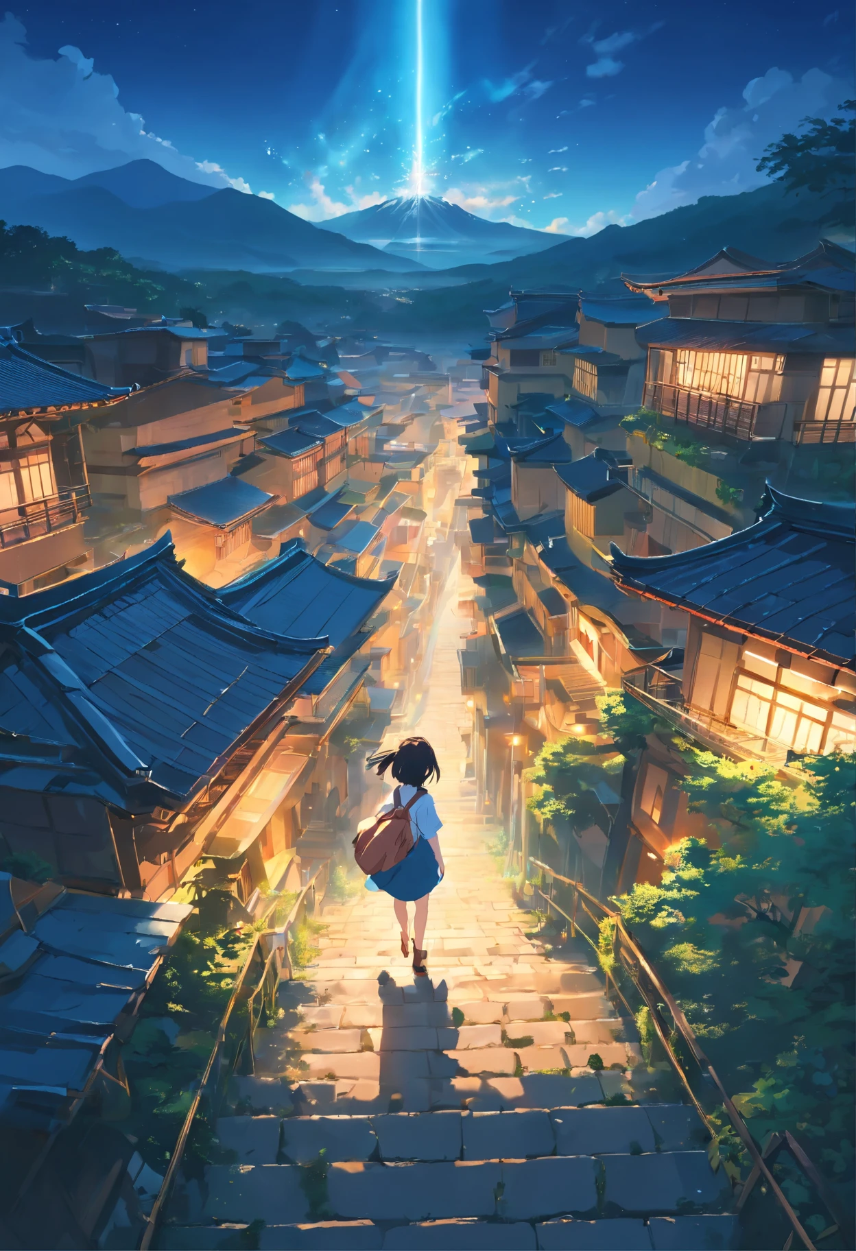 highest quality,masterpiece,Absurd,(Photo Real:1.4),Surrealism,dream-like,Fusion Art,Shadow Dancer,Shadow magic,A ruined castle in the background,Top view,4K,scenery,Mountain,no man,Outdoor,null,night,architecture,east asian architecture,lanthanum,cloud,wood,building,Home,Rivers,Butterfly,Rim Light,Low moonshine,