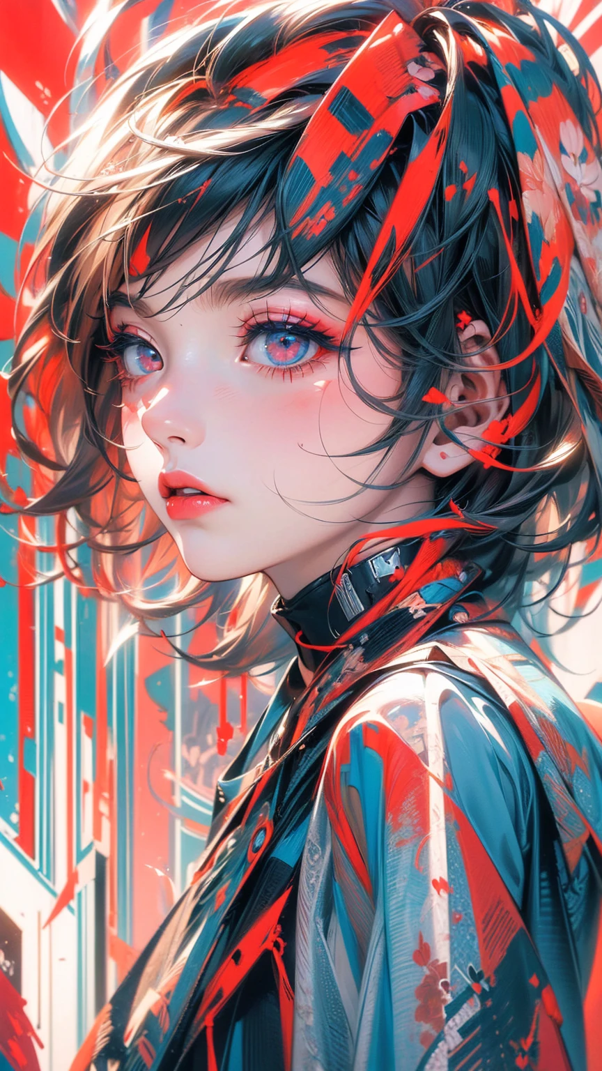 ((masterpiece, High resolution, highest quality, Attention to detail)), 20-year-old woman with avant-garde makeup, short hair, Off the shoulder, Vermilion and blue distortion, abstract design, artistic juxtapositions, High contrast, Anime Style, Simple lines, Digital Painting,