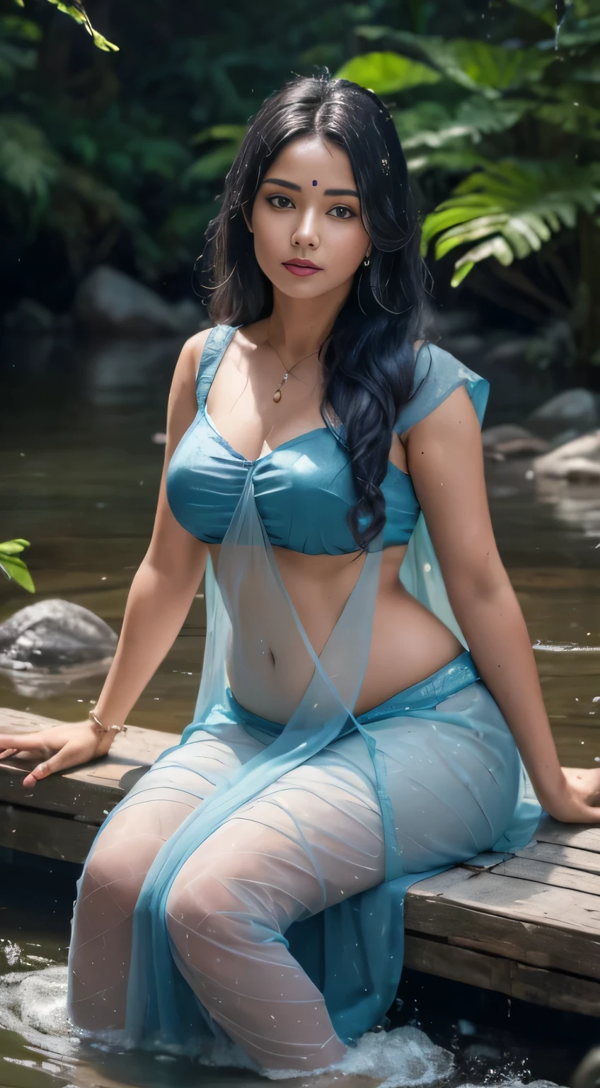 1 tribal girl, sitting down on rock and open leg wide, nsfw, (((full nudity))), wearing wet see through saree, front view, bathing in river, show vaginal, spreading vaginal and ass, virgin vaginal, wet vaginal, soaking sweat, full body visible, (((full nudity))), ((uncensored))), open leg wide to show vaginal, (((nsfw))), RAW, 8k, hard light, ISO:100, f/5.6, realistic skin texture, (((photorealism)))