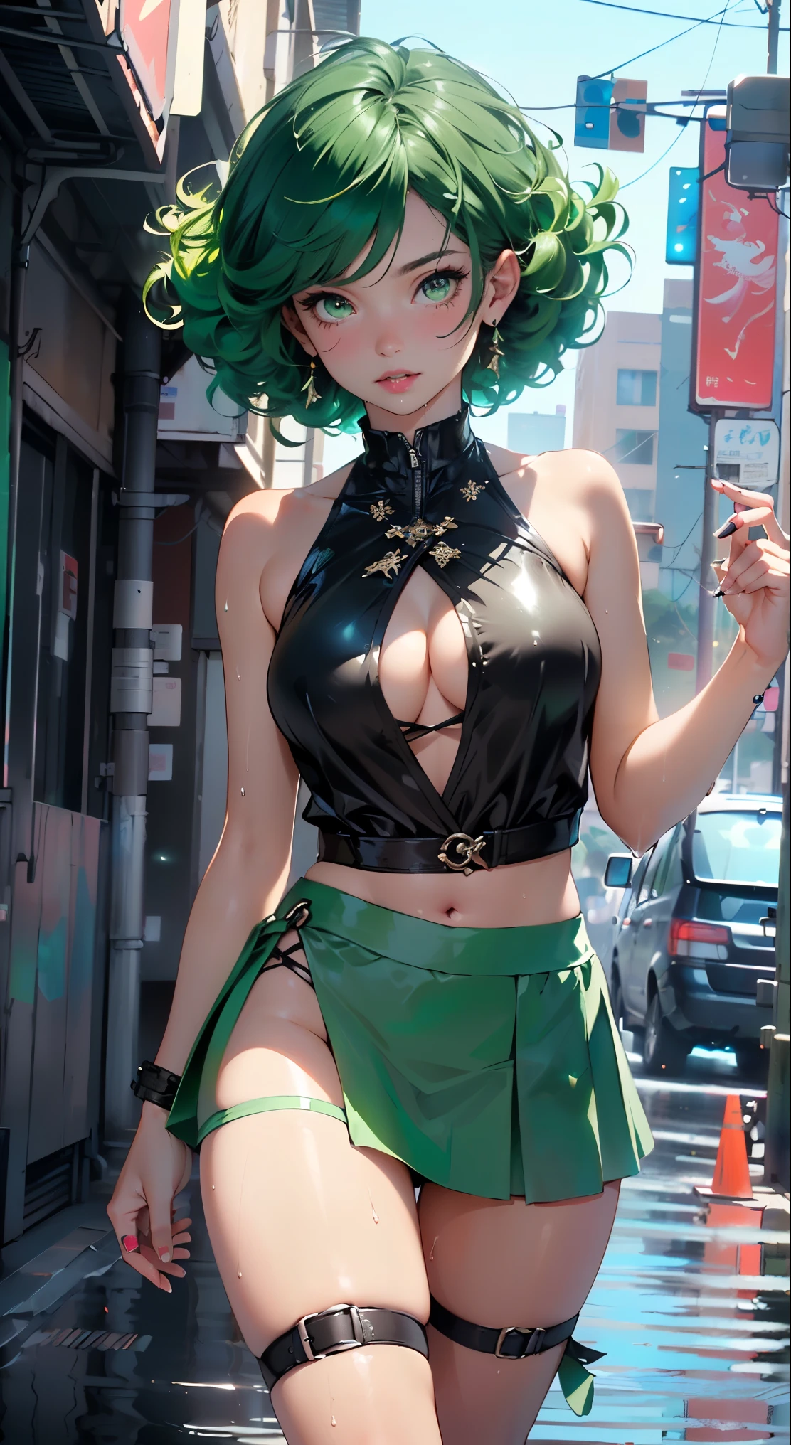girl youtuber,(((1girl))),((extremely cute and beautiful green curly-haired girl)),
(short breasts:1.4),big butt,(((green curly hair:1.35,very curly hair,colored inner hair,ear breathing,short hair))),(((green_eyes:1.3))),intricate eyes,beautiful detailed eyes,symmetrical eyes,big eyes:1.3,((fat)),(((lustrous skin:1.5,bright skin: 1.5,skin tanned,shiny skin,very shiny skin,shiny body,plastic glitter skin,exaggerated shiny skin,illuminated skin,wet legs))),detailed body,(detailed face),
cute,slutty,seductive,erotic,(((nsfw))),
zettai ryouiki,revealing clothing,show skin,((rave mini-skirt,visible thong straps,white loose tank top with an anime art print)),((wet clothes,intricate outfit,intricate clothes)),
(dynamic pose:1.0),embarrassed,(centered,scale to fit dimensions,Rule of thirds),
cyberpunk city by the ocean at night, with bright neon signs and dark stormy clouds and puddles, scenery:1.25,
artistic photography,(photography taken by sldr),highres, sharp focus, (ultra detailed, extremely detailed), (photorealistic artwork:1.37),(extremely detailed CG unity 8k wallpaper),((synthwave background theme)),(((vibrant colors))),(intricate background),(masterpiece),(best quality),
