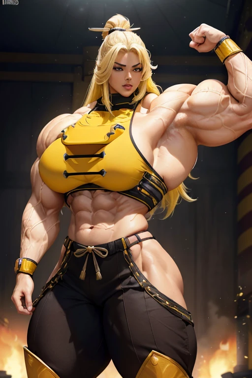 ((((Massive tall, beautiful, buff, light brown skinned muscular woman with yellow hair, black lipstick, ginormous bulky muscles and glad in yellow samurai armor suit with pants)))), close view, massive muscle, massive biceps, hyper muscle shoulders, massive shoulders, hyper muscle triceps, (flowing long hair), gray eyes, (samurai boots), confident smile, ((in a battlefield)), evening, hyper vascular arm, hyper muscles arms, hyper muscle legs, massive arms.
