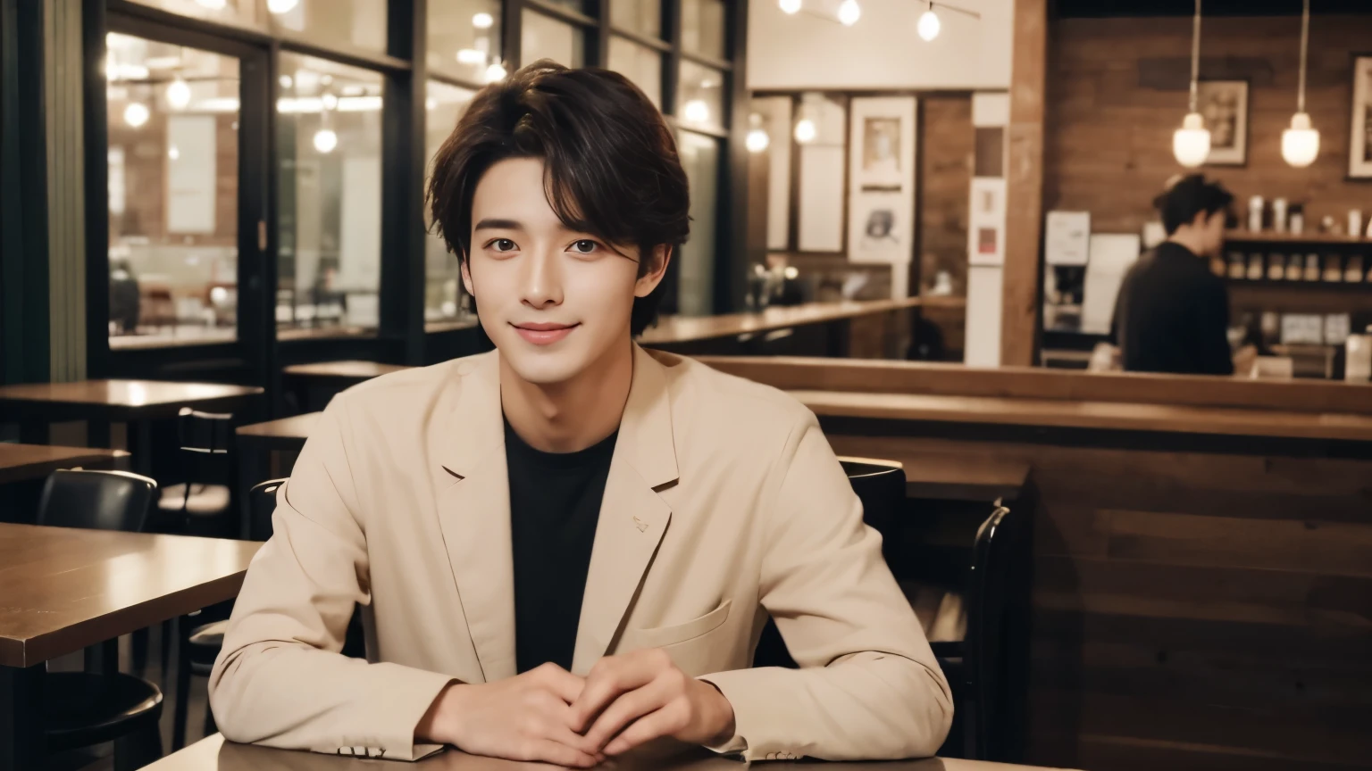 musician、A refreshing, handsome man in his 20s、（Super cool S-class guy）、Japanese Male, 20-year-old、、Photographed inside the cafe、a handsome guy、（CG Unity 8K high resolution photo）、（Very detailedＳクラスのa handsome guy性）、（Realistic）、（highest quality））、Very detailed、super high quality、expensive、audience、kind person、Very beautiful hair　Perm Hair、Bright photo、Handsome like a model、Handsome like an idol、Looking at the camera、inside a stylish cafe