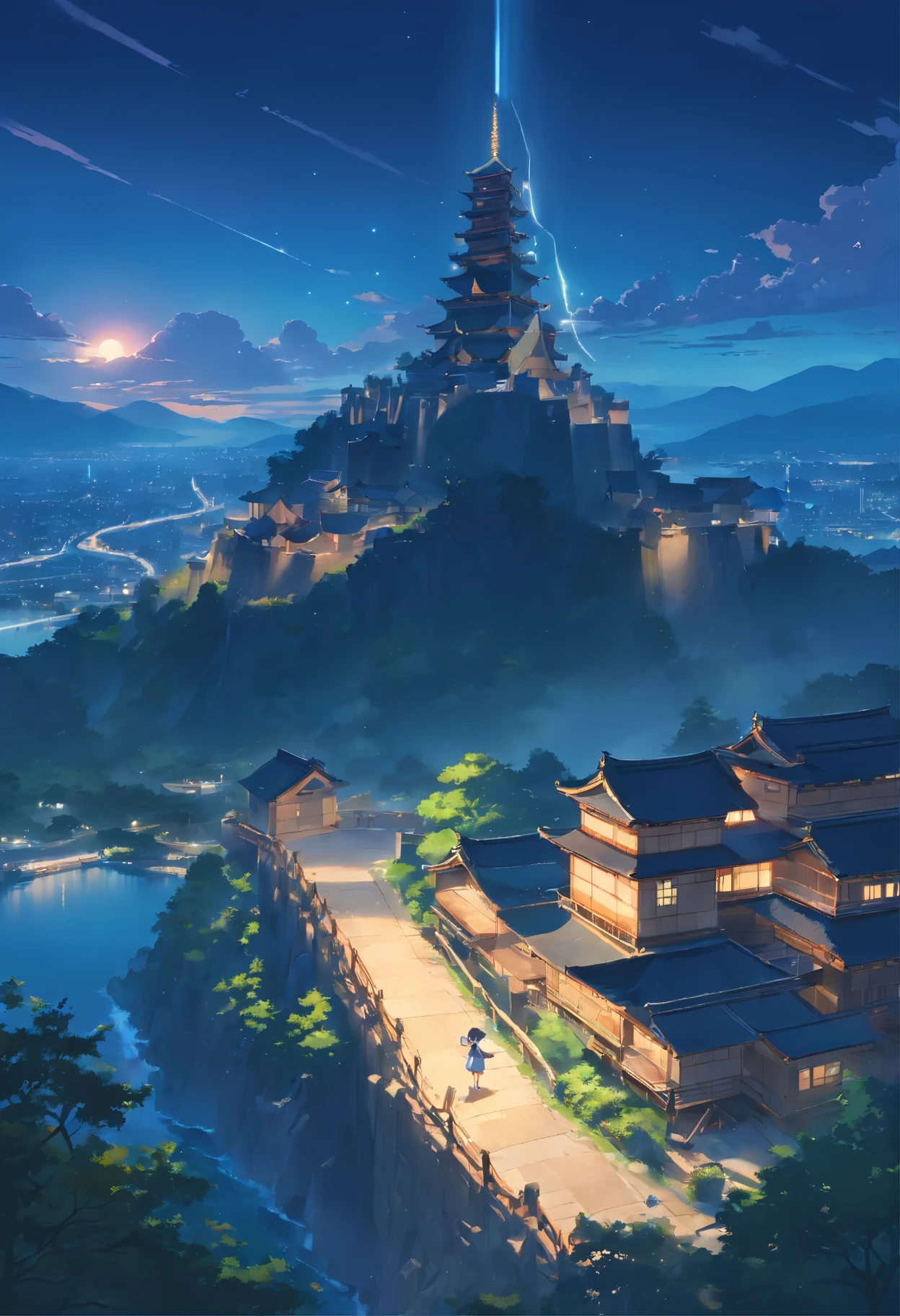 highest quality,masterpiece,Absurd,(Photo Real:1.4),Surrealism,dream-like,Fusion Art,Shadow Dancer,Shadow magic,A ruined castle in the background,Top view,4K,scenery,Mountain,no man,Outdoor,null,night,architecture,east asian architecture,lanthanum,cloud,wood,building,Home,Rivers,Butterfly,Rim Light,Low moonshine,