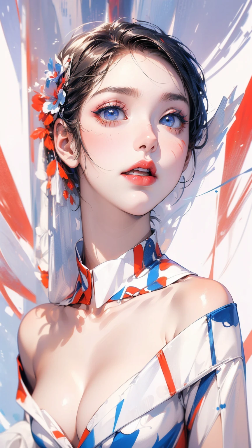 ((masterpiece, High resolution, highest quality, Attention to detail)), 20-year-old woman with avant-garde makeup, short hair, Off the shoulder, Vermilion and blue distortion, abstract design, artistic juxtapositions, High contrast, White background, Anime Style, Simple lines, Digital Painting,