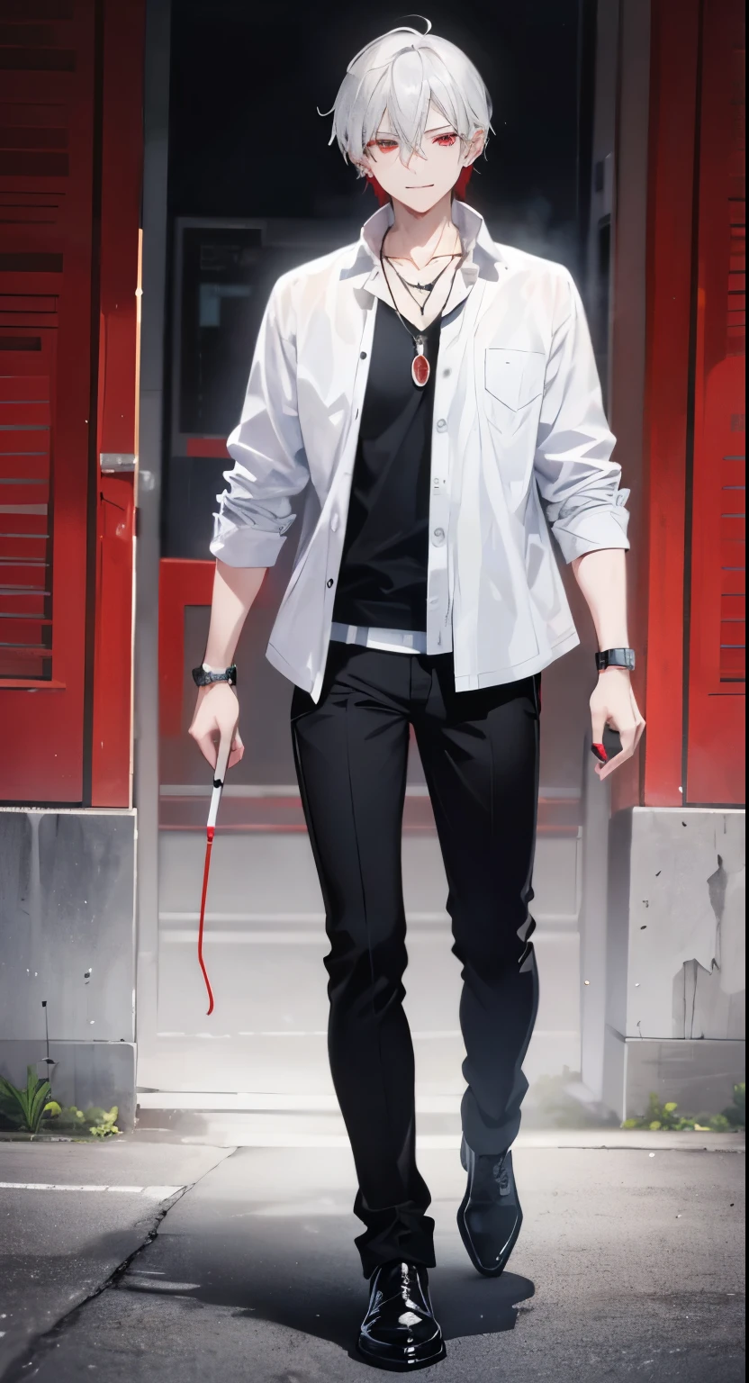 High resolution, 2D Anime Style,,Cool guy,Mature look,,20th Generation,Short Hair,Silver Hair,Red eyes,Beautiful watch,Beautiful earrings,beautiful necklace,Dark Fashion,He is smiling a little,whole body,walking,Smoking a cigarette