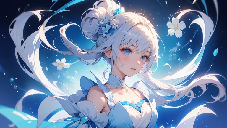Anime girl in white and blue dress holding a cane and flowers, Cute anime waifu in a nice dress, change in dress, Magical Girl Portrait, Anime Moe Art Style, change, Full-body portrait of an elementalist, Anime Goddess, Run, Splash art anime , Alchemist Girl, Anime Princess, magical girl style, Official Art,Cleavage,White knee-highs