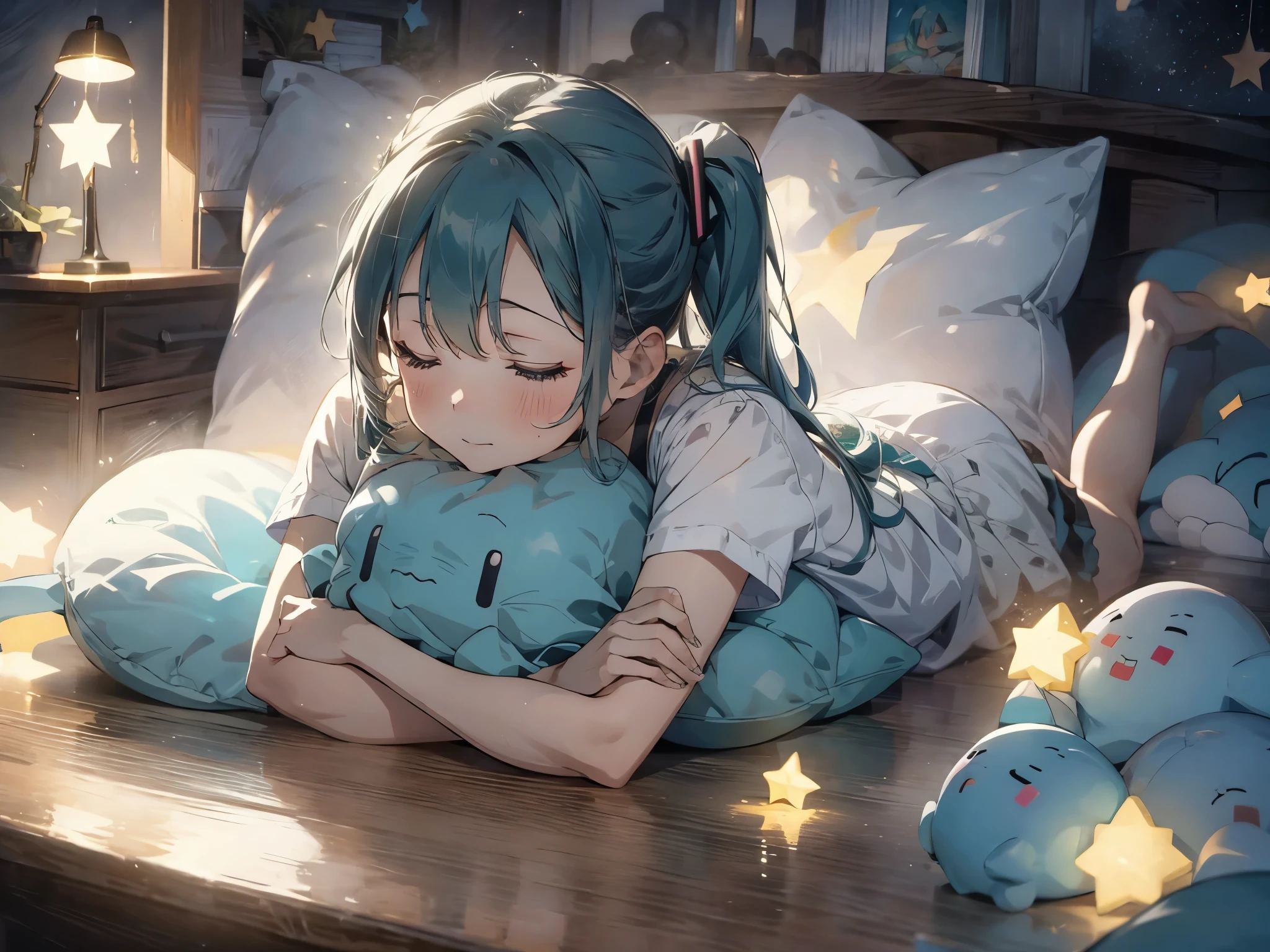 A girl, teal hair, ponytail on both sides, Cyan eyes, ((Character Hatsune Miku)), Everlasting, (Sleeping in bed), (Sleeping on Pillow), Happy, Lovely, Closed eyes, Towards you, POV, when she sleeps next to you, Pillow, Pillow, Star, cloud, lovely Bedroom with light cyan and white background, cartoon, ((illustration)), high quality CG, Fair