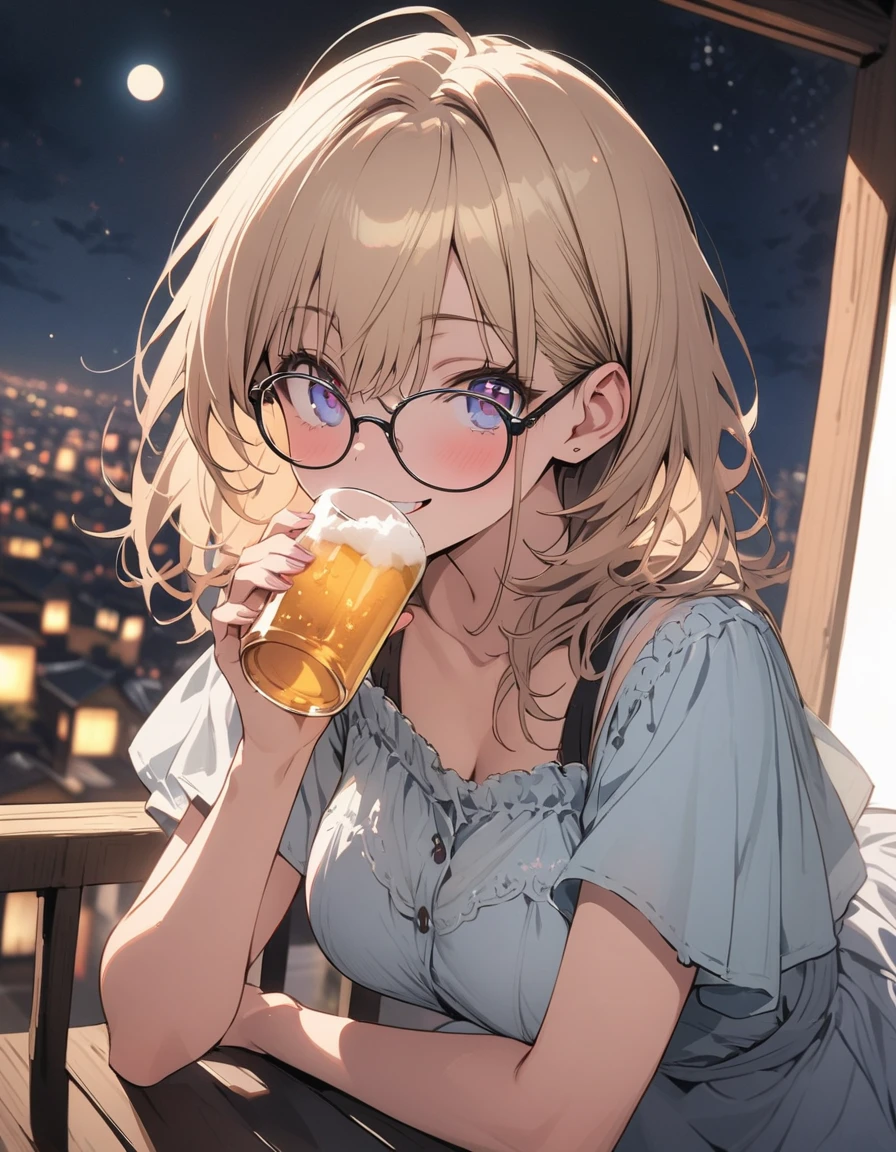 (masterpiece), best quality, expressive eyes, perfect face, At night, under the city lights,
on a balcony of an apartment,
a woman drinks beer, smiling,
wearing glasses, under the moon and stars,
feeling the night breeze.(highest quality、masterpiece、High resolution、detailed)、animeスタイル、Flat Style、(Beautiful Eyes, Delicate and beautiful face), BREAK,Dynamic Angle、anime