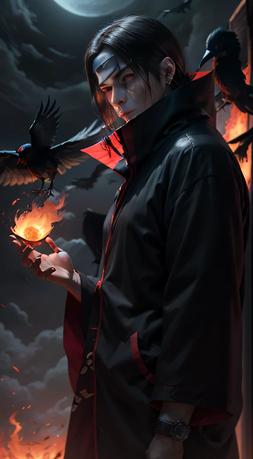Itachi Uchiha, darkness envelops him, flaming Sharingan eyes, a raven by his side, hidden powers awaken, black flames consuming everything, an 8k vision revealing all the dark details.
