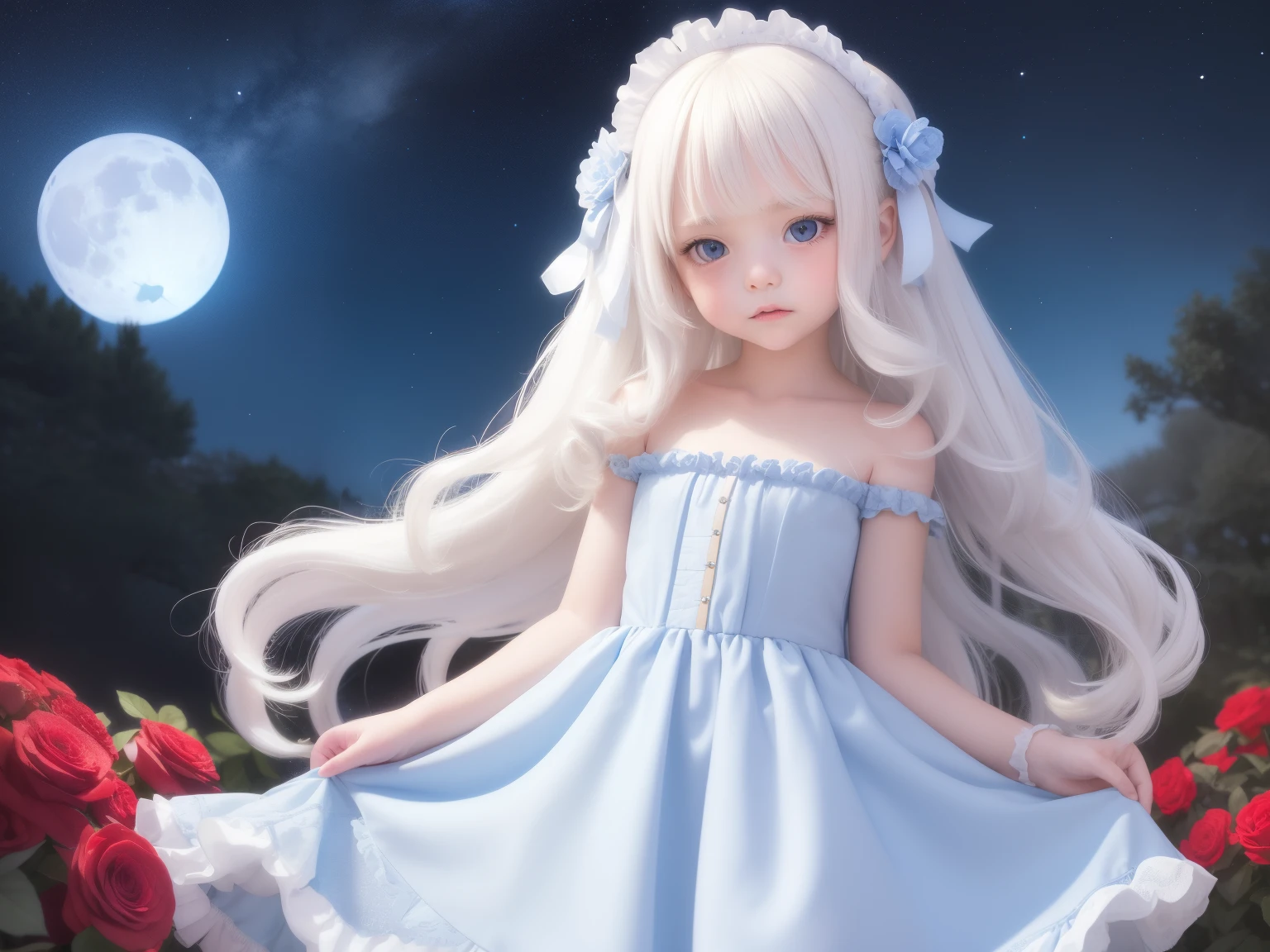 A very cute and innocent 7-****-*** girl, Curly white hair and a pretty blue frilly dress, Surrounded by large white and red roses, Under the night with the stars and the big blue moon overhead.