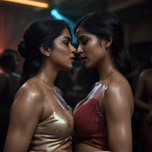 ((best quality)), ((masterpiece)), (detailed), 2 indian beautiful lesbian women desperately and passionately kissing each other on lips, facing each other, wearing suits and blazers, holding each other close, standing in disco club, ultra smooth image, realistic photo, red lips, ((smooth skin texture)), hyper realistic, 8k photo, Cinematic film still, shot on v-raptor XL, film grain, vignette, color graded, post-processed, cinematic lighting, 35mm film, live-action, best quality, atmospheric, a masterpiece