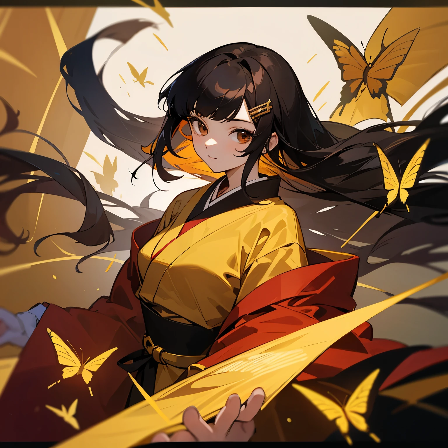 19 years old young girl with short height (155 cm), long black hair, and brown eyes. She wears a modified red and gold kimono with Oda clan crest on her sleeves and golden butterfly hairpin.
