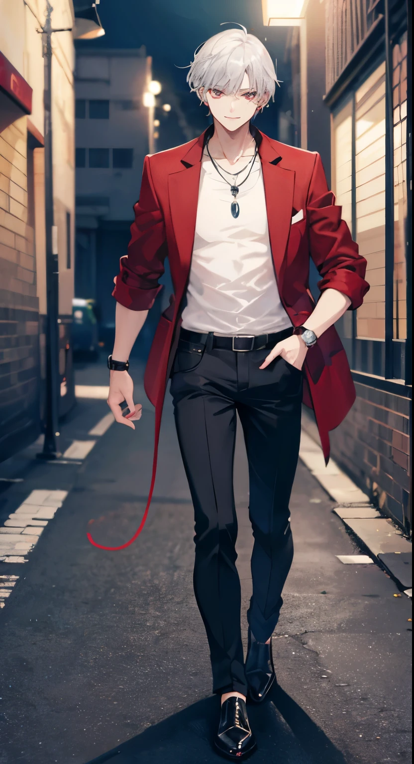 High resolution, 2D Anime Style,,Cool guy,Mature look,,20th Generation,Short Hair,Silver Hair,Red eyes,Beautiful watch,Beautiful earrings,beautiful necklace,Dark Fashion,He is smiling a little,whole body,walking,Smoking a cigarette