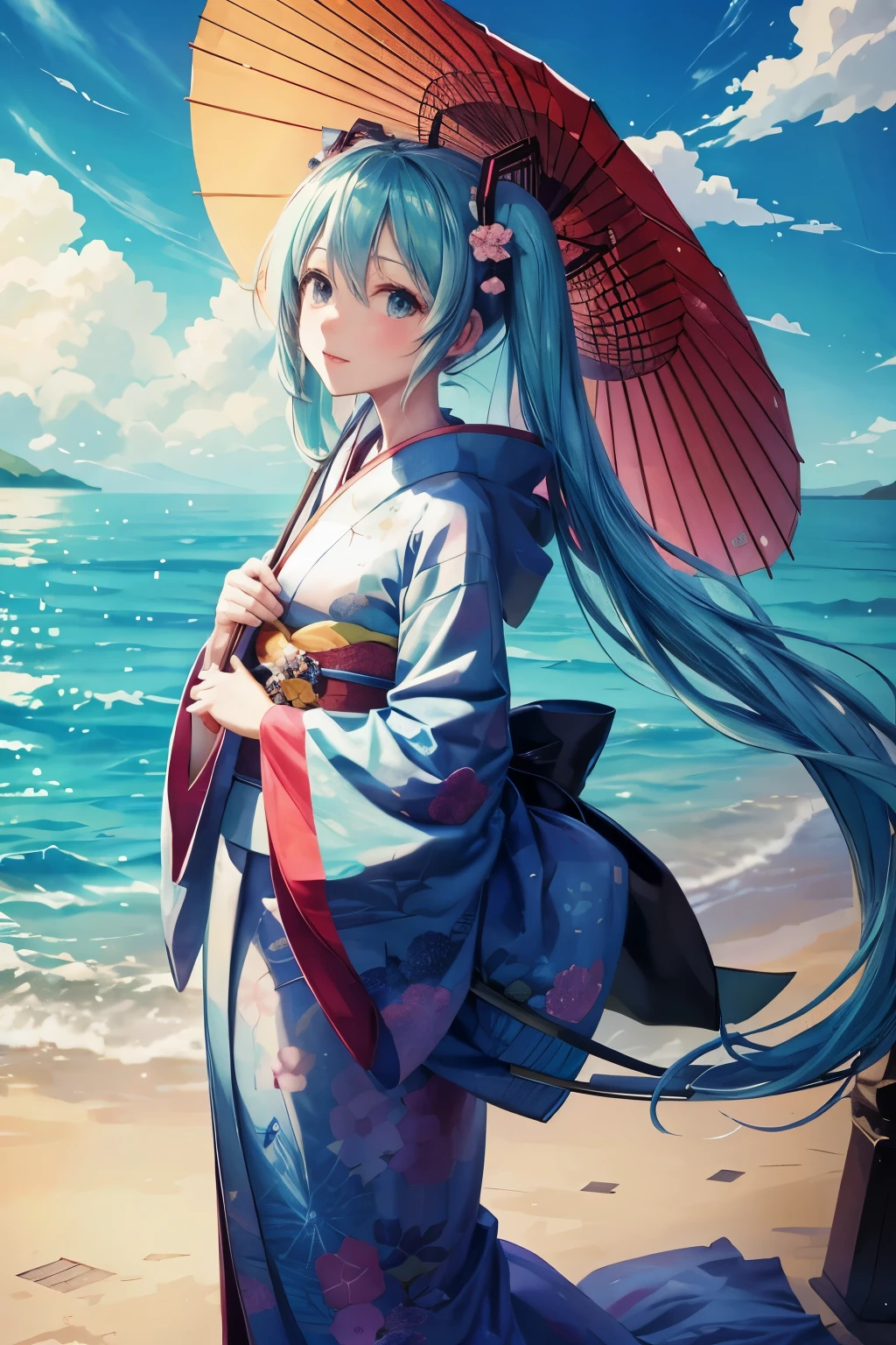 Hatsune Miku、kimono、whole、Japanese Umbrella、rain