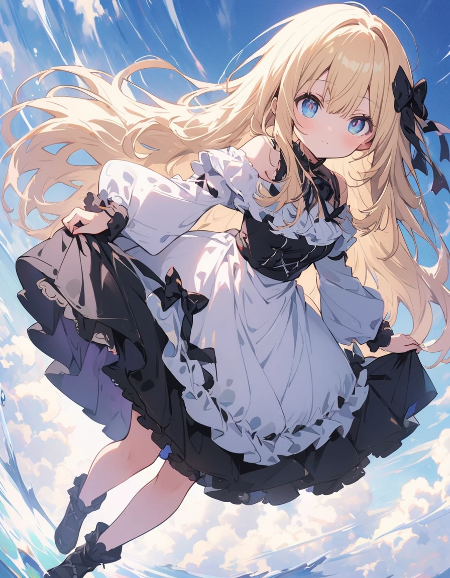 (非常にdetailedな 、 8k wallpaper,masterpiece, highest quality, 非常にdetailedな),(Best lighting, Best Shadow, Very delicate and beautiful),floating,High saturation,Blonde+blue eyes:1.2,Gloomy Gothic Landscape, Long Hair, Gazing into the distance. (長いブロンドの髪と輝くblue eyesのゴシック照明を持つ美しい女の子)、Gothic Lolita Clothing、(highest quality、masterpiece、High resolution、detailed)、animeスタイル、Flat Style、(Shining Eyes、detailed美しい顔),  BREAK,extremely detailed、Dynamic Angle、anime、fullbody