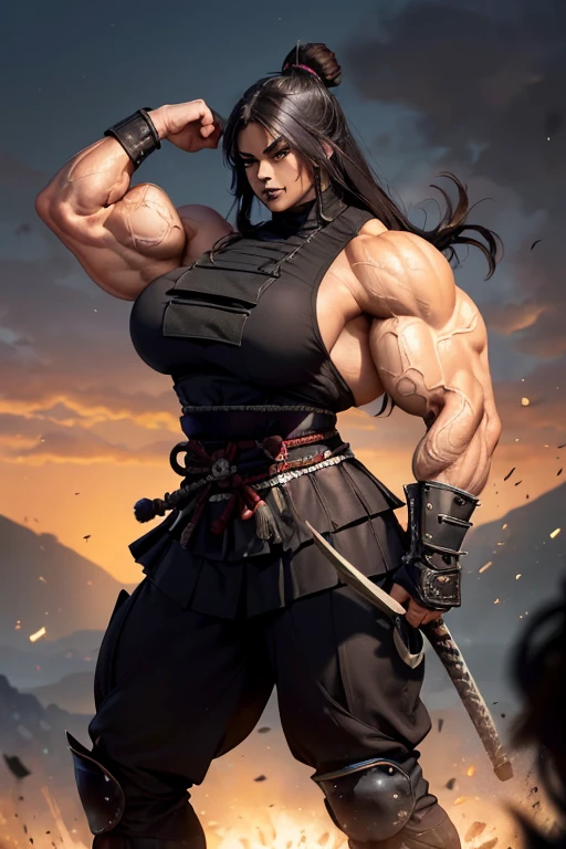 ((((Massive tall, beautiful, buff, light brown skinned muscular woman with black hair, black lipstick, ginormous bulky muscles and wearing black samurai armor suit with pants)))), close view, massive muscle, massive biceps, hyper muscle shoulders, massive shoulders, hyper muscle triceps, (straight long hair), gray eyes, (samurai boots), confident smile, ((in a battlefield)), evening, hyper vascular arm, hyper muscles arms, hyper muscle legs, massive arms.