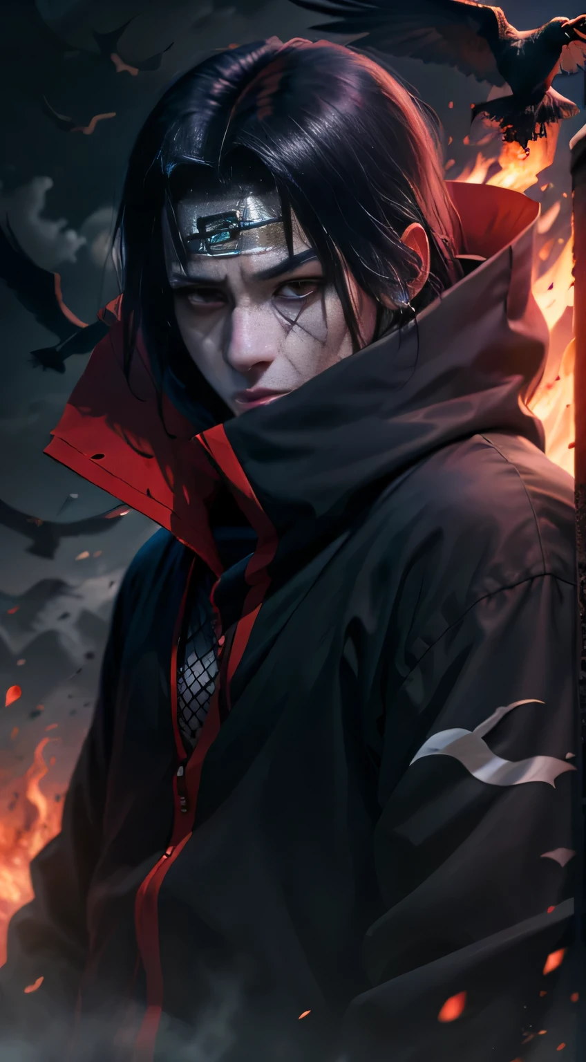 Itachi Uchiha, darkness envelops him, flaming Sharingan eyes, a raven by his side, hidden powers awaken, black flames consuming everything, an 8k vision revealing all the dark details.