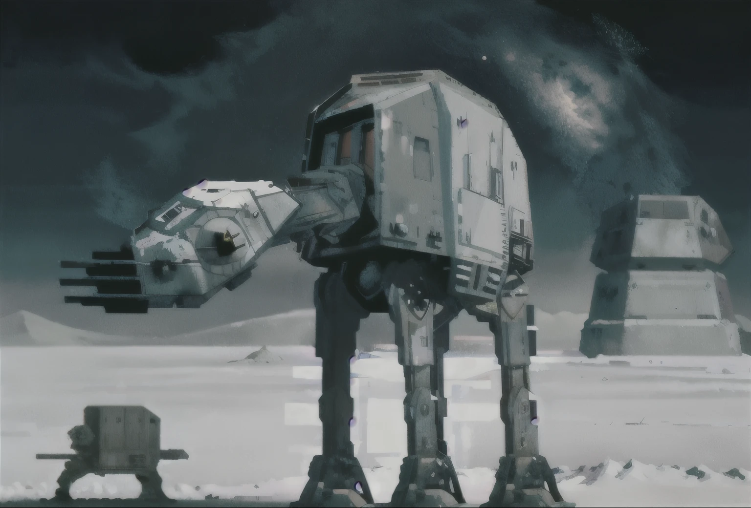 analog gloomy photo of a Star Wars (solo 1 AT-AT robot, ),