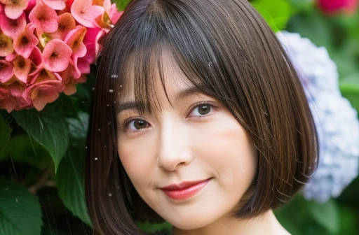 Upper Body　50 years old　straight hair　Straight hair　明るいBrown Hair　Very straight hair　まとまったshort hair　Personal　woman　Has bangs　まとまりのあるshort hair　Brown Hair　Straight-haired hair　Straight hair　Brown Hair　beautiful hair shiny hair　Japan rainy season　short hair　Water droplets on the hair　Heavy Rain　downpour　(It rained and I got wet, Raindrops, Wet body :1.2)　It's raining outside( sharpen ), (Purelos Face_v1:0.7), (8K, highest quality), Unconscious, Open Eyes, High resolution, original, (Flat Color:0.9),(masterpiece:1,2), highest quality, masterpiece, High resolution, original, Highly detailed wallpaper, Viewer Perspective, alone, Portrait, Mature Woman Body Set, A slight smile, While staring at this,Natural wrinkles, Wrinkles around the eyes, Surreal, Natural Skin, Natural Hair Color, Bright red lips, hydrangeas in bloom, it's raining