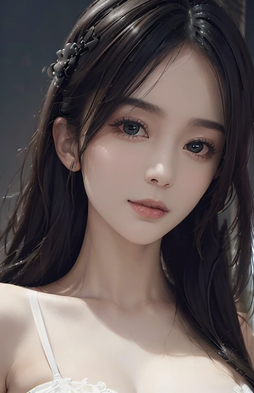 (Hyper-realistic) , (illustratio), (Increase the resolution), (8K), (extremely detaile), (Most Best Illustration), (Beautiful and delicate eyes), (best qualtiy), (ultra - detailed), (tmasterpiece), ( wallpaper), (Detailed face), solo,1个Giant Breast Girl, looking at viewert, exquisite detailing, Detailed face, in the darkness nigth, deep shading, low tune, ssmile,long whitr hair，Black shawl straight hair，46 points oblique bangs, black lace top, A close-up half-length photo.