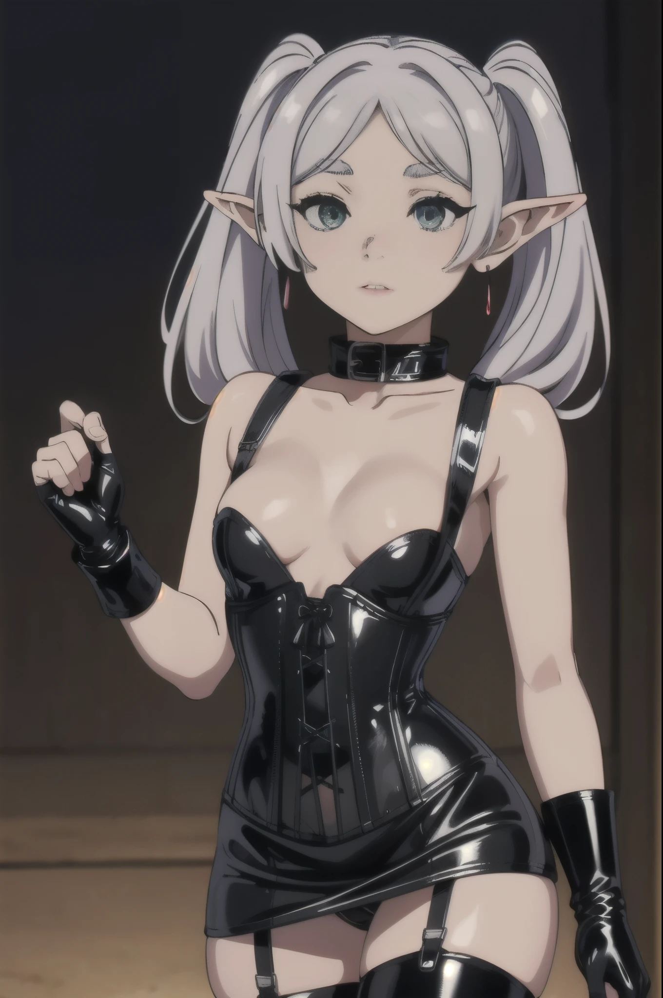 BDSM、Queen、mistress、One girl、solo、(((Long gloves covered to the fingertips in black latex)))、(((Black latex corset dress:1.4)))、(((The corset dress is decorated with beautiful lace.)))、(((corset dress with shoulder straps)))、(((Black latex tight mini skirt:1.4)))、(((Black Thigh Boots)))、Stiletto heels、(((Black latex panties)))、(((Black latex bra)))、(((Black leather collar)))、(((Sexy pose)))、Wide-open legs、(((Erotic)))、(((Cowboy Shot)))、芙èŽdryè“®,One girl,Fairy,Gray Hair,灰colorの髪の毛,earriSleeveless dress,White Dress,Sleeveless dress,Bare shoulders,clavicle,ngs,Pointy Ears,Long Hair,ponytail,Green Eyes,(Twin tails behind the ears),Parted bangs,(Thick eyebrows),NSFW,Small breasts,Cleavage, 20 years,young woman,beautiful指,beautiful長い脚,beautiful体,beautiful鼻,beautifulキャラクターデザイン, Perfect Eyes, perfect face,Expressive eyes,
Watching the audience、Cheeky look、不機嫌なface、
Official Art,Highly Detailed CG Unity 8K Wallpaper, Perfect lighting,colorful, bright_front_face_Lighting,Glowing Skin,
(masterpiece:1.0),(Highest_quality:1.0), 超High resolution,4k,Super detailed,
photo shoot, 8K, HDR, High resolution, Disorganized:1.2, Kodak Portrait 400, Film Grain, Blurred Background, Bokeh:1.2, Lens flare, (Vibrant_color:1.2), (beautiful_face:1.5),(narrow_Waist), ,NSFW,, Exquisite visuals, High resolution,masterpiece,Highest quality,