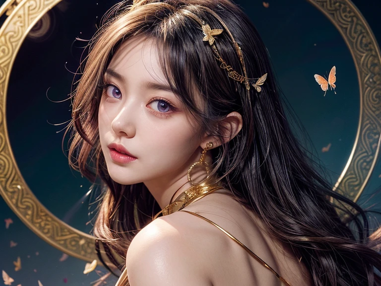 (overhead view), beautiful anime woman illustration, 1girl, (masterpiece, best quality, ultra-detailed), sharp focus, detailed face, extremely detailed eyes, face focus, long hair, curly hair, hair over shoulder, cyan streaked hair, purple gradient eyes, (solid circle pupils:1.4), long eyelashes, open mouth, slight smile, , pink and purple halo, lotus hairpin, teardrop earrings, ((ancient greece clothing color white, gold, with red accents)), ((night, looking back over shoulder, looking at viewer, both hands clasped behind back, arching back, petals, butterflies, breeze, magic particles)), cinematic lighting, rim lightning, ray tracing, shadowing, dynamic angle