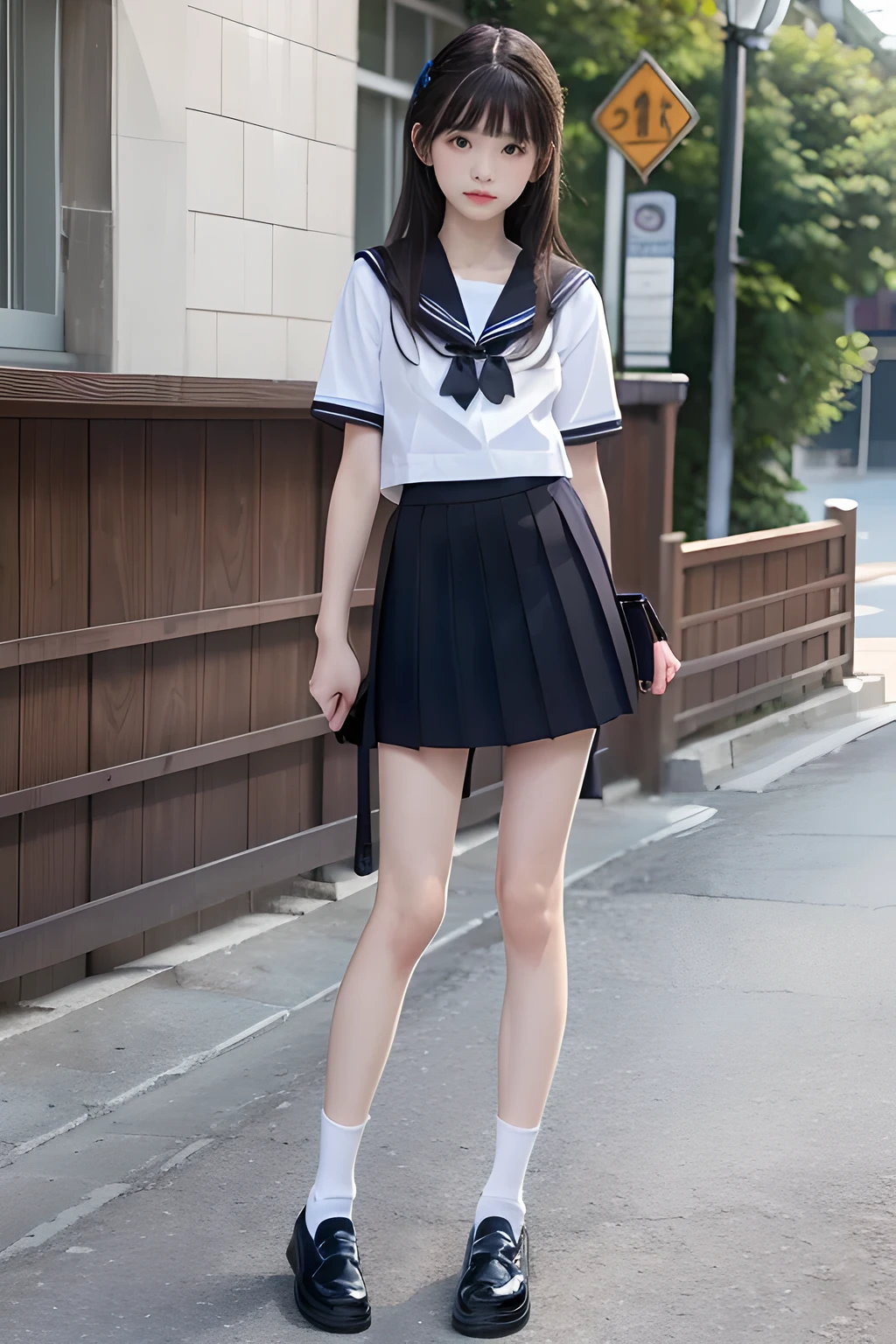 (In 8K、RAW Photos、highest quality、masterpiece:1.2), (Realistic、Photorealistic:1.37), Ultra-detailed, High resolution, One Girl, Iris, Japanese, (Beautiful feet:1.2), (Slender girl:1.3), Beautiful girl, (Thin legs:1.4), Sailor suit, ,mini skirt, Dark blue pleated skirt, short socks,( White socks:1.2), (Short sleeve:1.1), (Black Loafers Shoes:1.3), whole body, (Are standing:1.2)