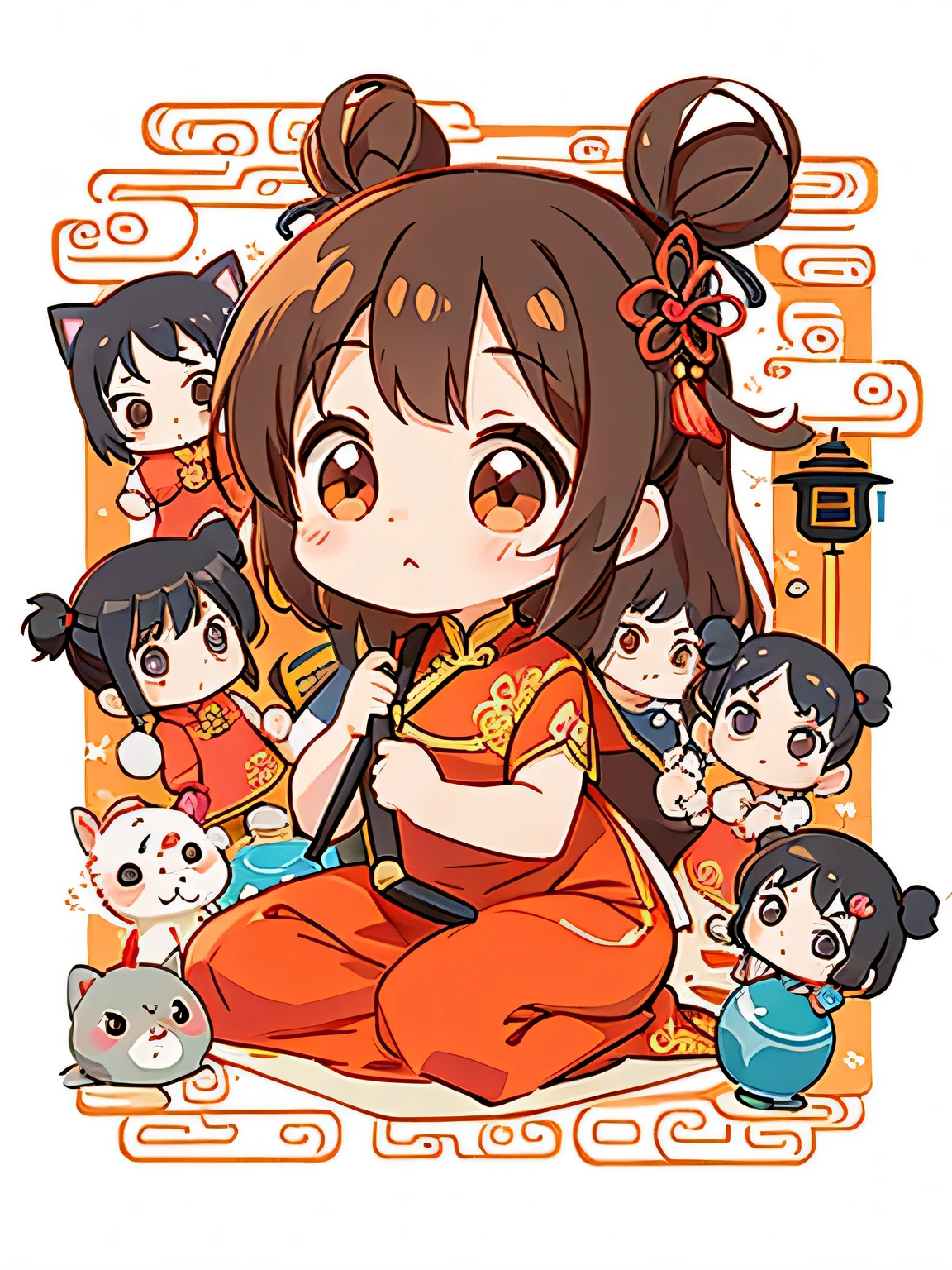 Machiko Satonaka style, Kawaii Design, most beautiful girl ever、Chibi, (((Lots of friends)))、nunchaku、Chinese Style Hair、(((China dress)))