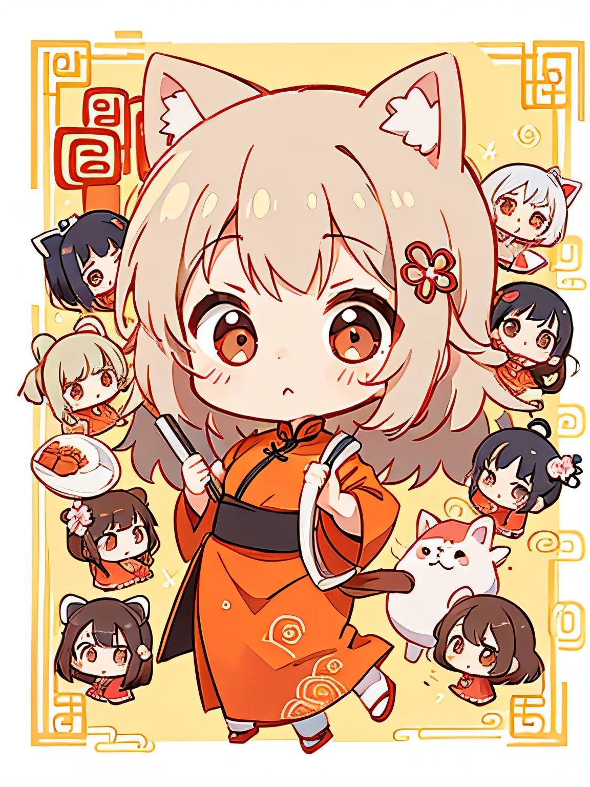 Machiko Satonaka style, Kawaii Design, most beautiful girl ever、Chibi, (((Lots of friends)))、nunchaku、Chinese Style Hair、(((China dress)))