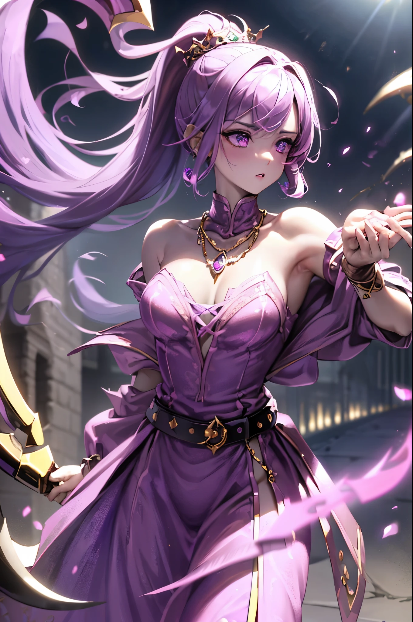 Vampire Queen Combat Dress (Radiant Royal Cloak: 1.2) Black and Purple Color, (extremely delicate beautiful eyes and depression but arrogant eyes), (multicolor, ponytail, iridescent hair, colorful hair, half purple and half pink hair: 1.3), (magical, mythic,fantasy), (Super Model Body Shape, idol, seducing body, attractive, gorgeous, charming, majesty, Sexy Devil aura), Original Character, Masterpiece, Tempting Purple Eyes, Purple Gemstone Accessories, Gold Belt, Gold Necklace, Wind Evil and body floating effect, Soft Moonlight, unique crown, (Corruption Tattoo on 1;1.25), (holding a Giant Scythe 1:1.3), 16k wallpaper style,bare shoulders, cute, petite, solo, stars, stardust, shiny body detailed, killing scenario, legend, horny blush, pink lips, cinematic lighting, full body close-up, scale up, twilight, perfect weapon
