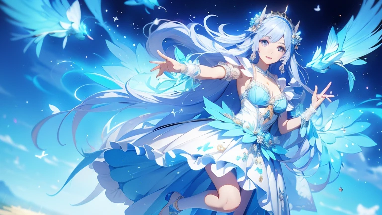 Anime girl in white and blue dress holding a cane and flowers, Cute anime waifu in a nice dress, change in dress, Magical Girl Portrait, Anime Moe Art Style, change, Full-body portrait of an elementalist, Anime Goddess, Run, Splash art anime , Alchemist Girl, Anime Princess, magical girl style, Official Art,Cleavage,White knee-highs