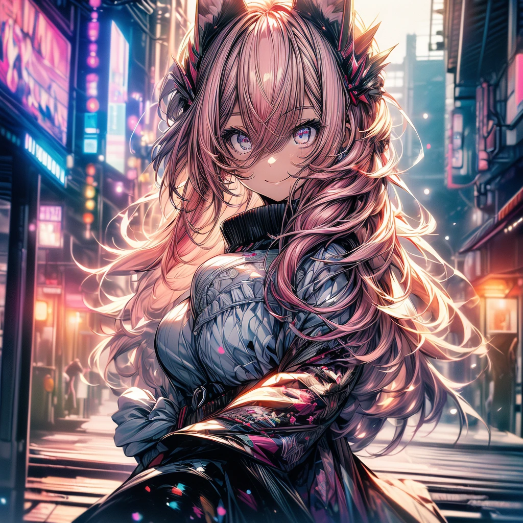 ((((masterpiece, best quality, ultra detail, very_high_resolution, large_filesize, full color)))), 1 girl, Kemo ears, Bokeh, Clothes that expose both shoulders, oversized sweater, pink hair, pink eyes, best smile,