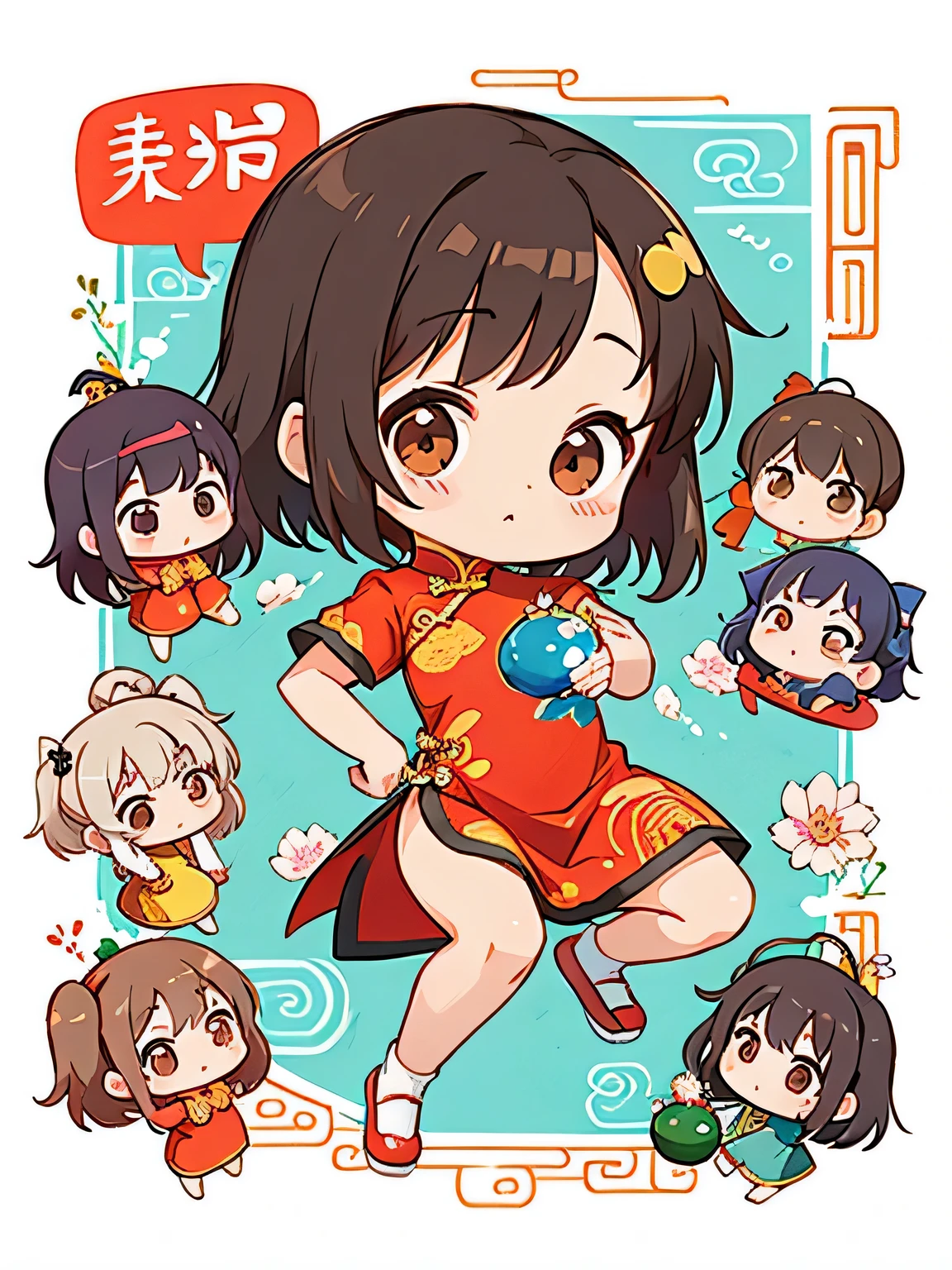 Machiko Satonaka style, Kawaii Design, most beautiful girl ever、Chibi, (((Lots of friends)))、Kung Fu、Chinese Style Hair、(((China dress)))