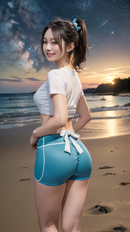 ((masterpiece)), (highest quality), 23 years old,Very detailed, finely, (High resolution), (8k), ((Perfect front viewcomposition)), (Natural color lip),(Side Ponytail:1.3),(((Standing facing forward on the beach at night))),((Drenched T-shirt)),((Light blue fitness shorts)),((From the whole body to the toes:1.3)),((Perfect front view)),((The magnificent Milky Way floating in the night sky)),((Natural pose)),(look back and smile),((Big ribbon on thigh)),((Big Ass)),((Ample breasts)),((Full and firm breasts)),(Small Pareo),