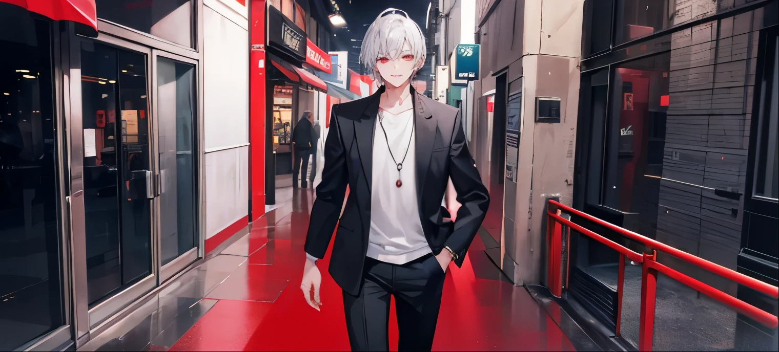 High resolution, 2D Anime Style,,Cool guy,Mature look,,20th Generation,Short Hair,Silver Hair,Red eyes,Beautiful watch,Beautiful earrings,beautiful necklace,Dark Fashion,He is smiling a little,whole body,walking