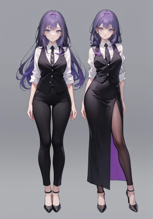 ((Perfect Face)),Purple Hair,voluminous long hair,1 female,bartender,suit,Black vest,Shirt with rolled up sleeves,tie,slit,High heels,,((Simple Background)),smile,((Full Body)),((full body)),Portraits,virtual,upright,,Both arms are down,Standing upright with face and body facing forward,