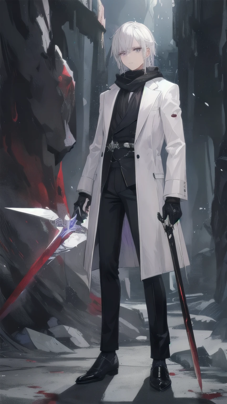 Man with silver hair, look handsome, white adventure cloth torn, black scarf, long black pants, purple eyes, blood on his clothes, standing alone in a dark cave, holding a sword in both hands.