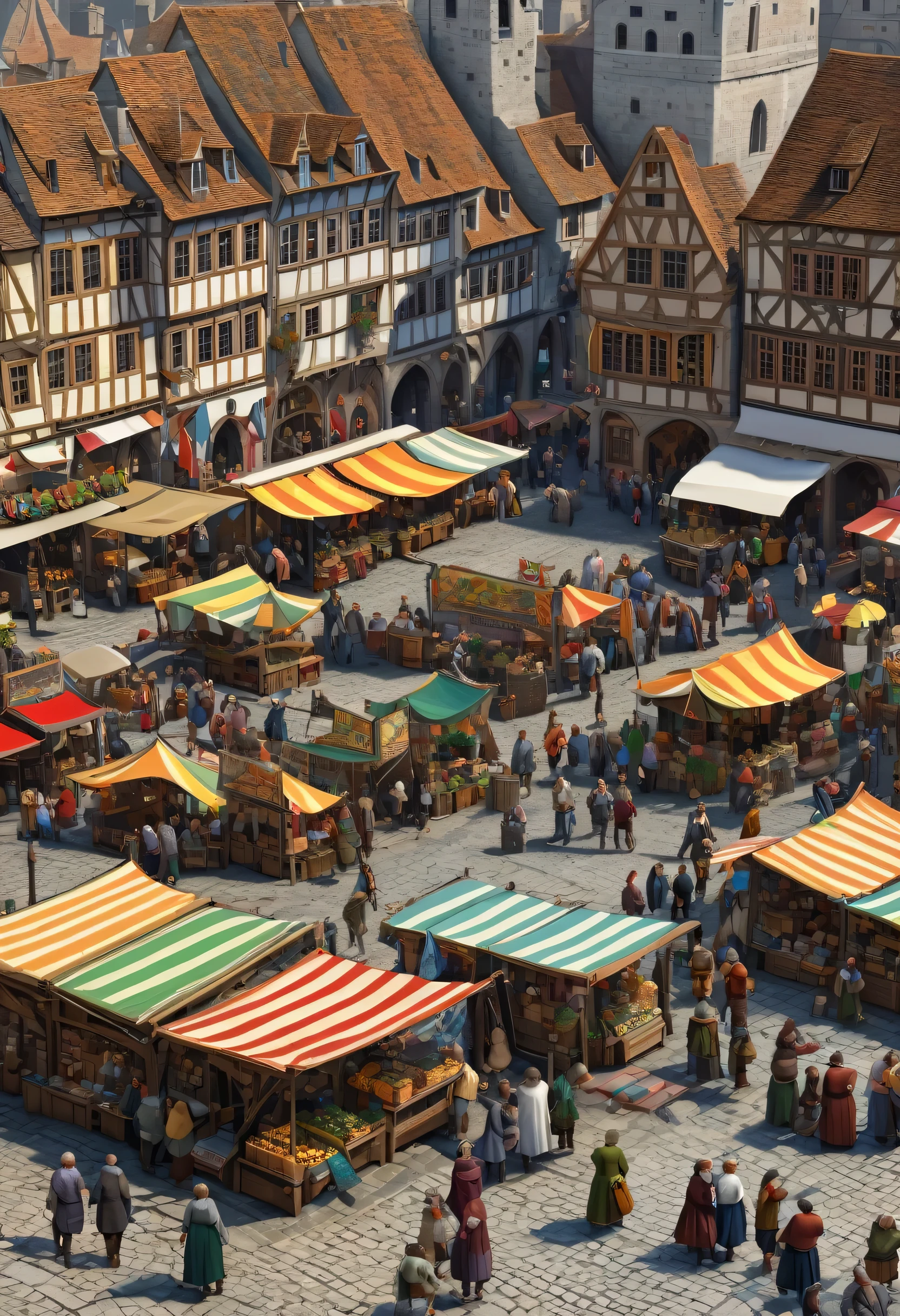 a high quality professional digital art of a bustling Medieval market square with vendors selling goods, colorful banners, and bustling crowds, lively, busy, historic, high detail, architectural, extremely micro details. The scene depicts a vibrant marketplace in a historical setting, brimming with activity and life. The market square is filled with stalls adorned with various goods, merchants hawking their wares, and visitors milling about. Colorful banners flutter in the wind, adding to the festive atmosphere of the scene. The architectural details of the medieval buildings surrounding the square are meticulously crafted, showcasing intricate designs and textures. The overall ambiance is lively and bustling, capturing the essence of a busy marketplace in medieval times. This digital artwork is created in 4k resolution, ensuring high quality and clarity in every detail. The extremely micro details bring an added element of realism and depth to the scene, allowing viewers to appreciate the intricacies of the market square up close.