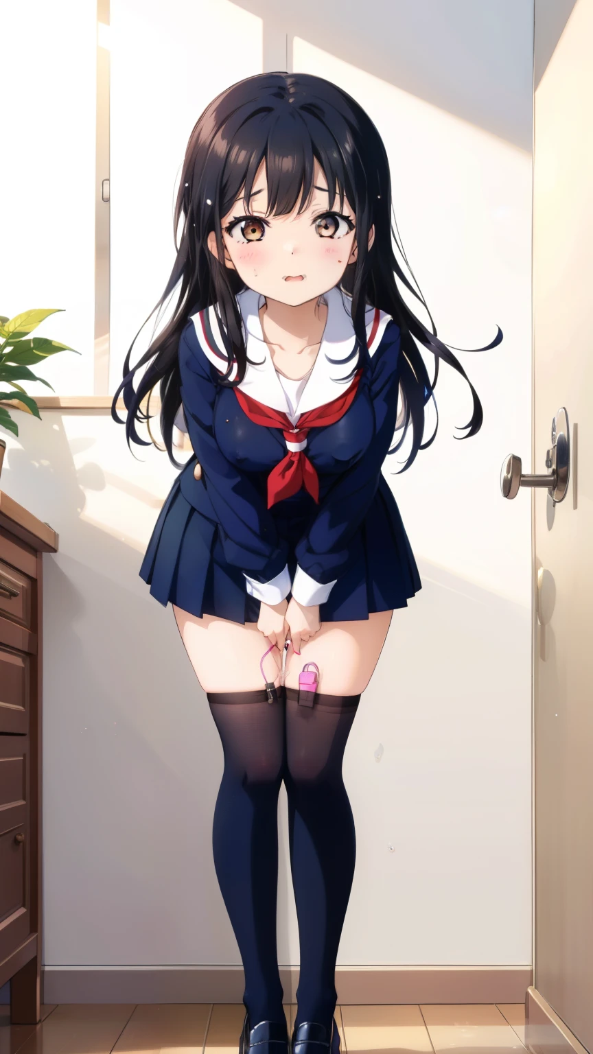 2 girls, by 2 person, Girl&#39;s brown eyes, black hair, medium long hair, Inward roll、(Navy blue sailor suit:1.4),indoors, Cafe、very big breasts、publish one&#39;chest of、Naked things&#39;chest of、blush、embarrassing、scary face、I&#39;m worried、confused face、a large amount of breast milk comes out of the nipples,、Breast milk gushes from the nipple、very short skirt、micro mini skirt、female shape&#39;Private parts are clearly visible、vibrator in thighhighs、The crotch is wet with love juice、Looks painful、Full body portrait