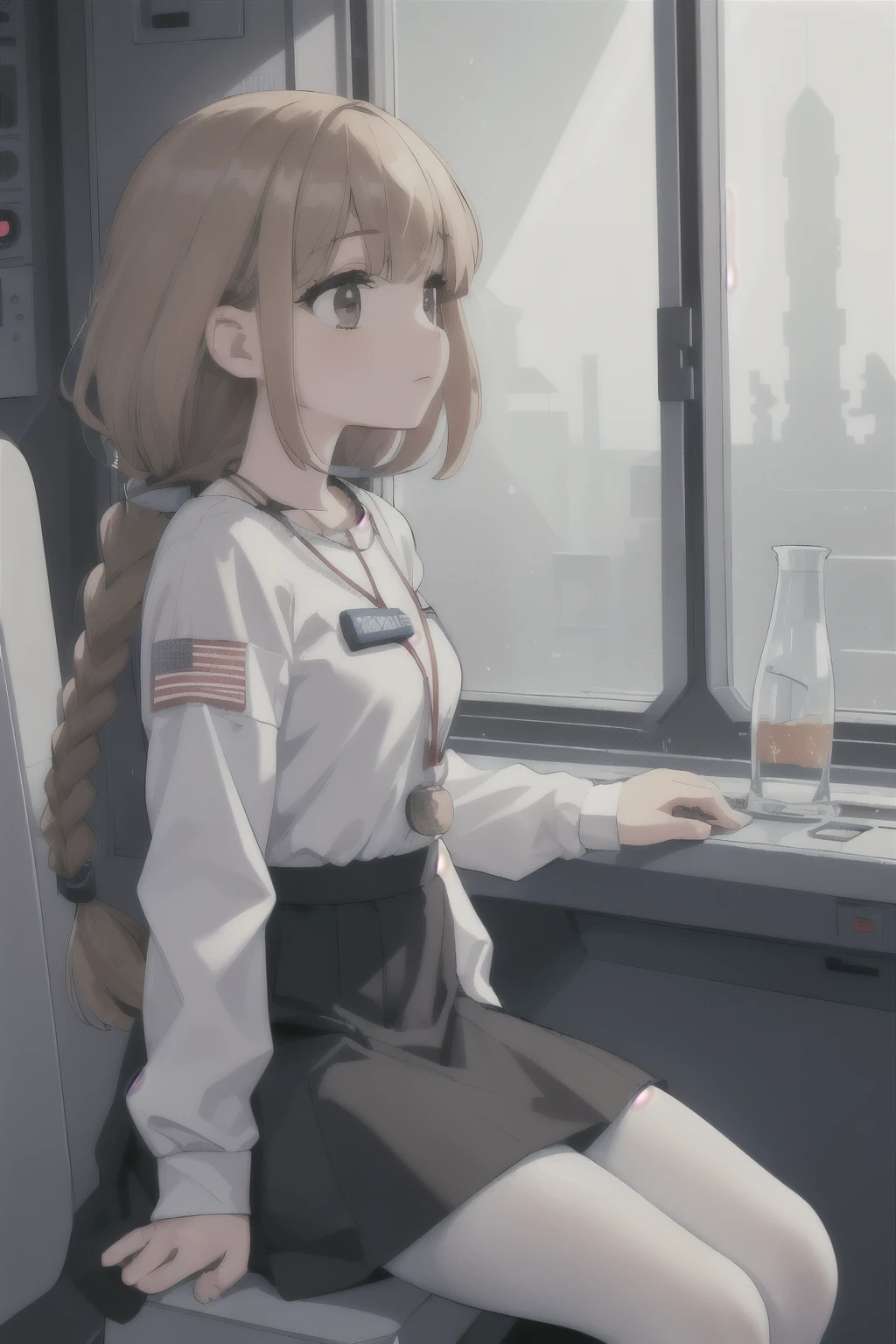 best quality, [natural lighting:Dynamic Lighting:0.35],  , (space station interior, window, space,:1.15), Sitting in front, future technology, (from the side:1.05),  1 Girl,civitai-chan, Braided Bangs,  Laboratory work clothes, shirt, Black skirt, Pantyhose, necklace,  