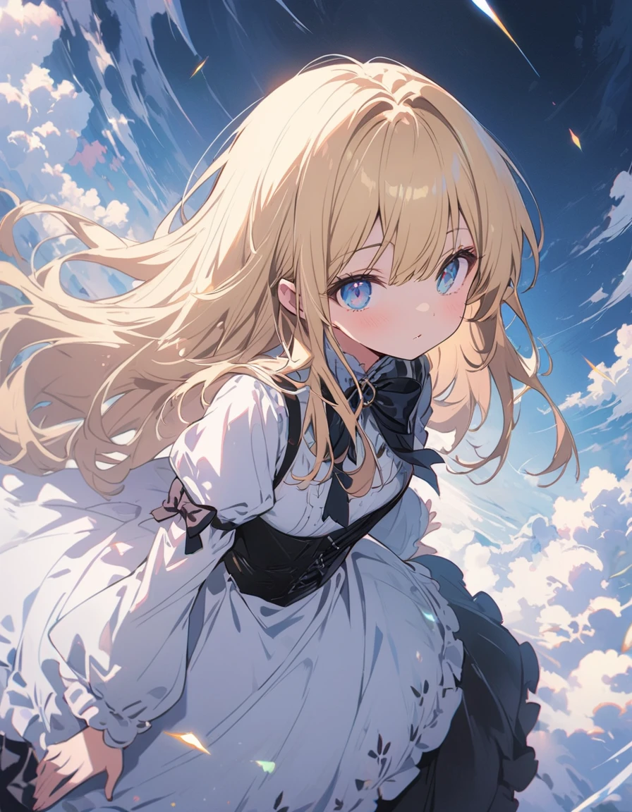 (非常にdetailedな 、 8k wallpaper,masterpiece, highest quality, 非常にdetailedな),(Best lighting, Best Shadow, Very delicate and beautiful),floating,High saturation,Blonde+blue eyes:1.2,Gloomy Gothic Landscape, Long Hair, Gazing into the distance. (長いブロンドの髪と輝くblue eyesのゴシック照明を持つ美しい女の子)、Gothic ta Clothing、(highest quality、masterpiece、High resolution、detailed)、animeスタイル、Flat Style、(Shining Eyes、detailed美しい顔), BREAK,extremely detailed、Dynamic Angle、anime、fullbody